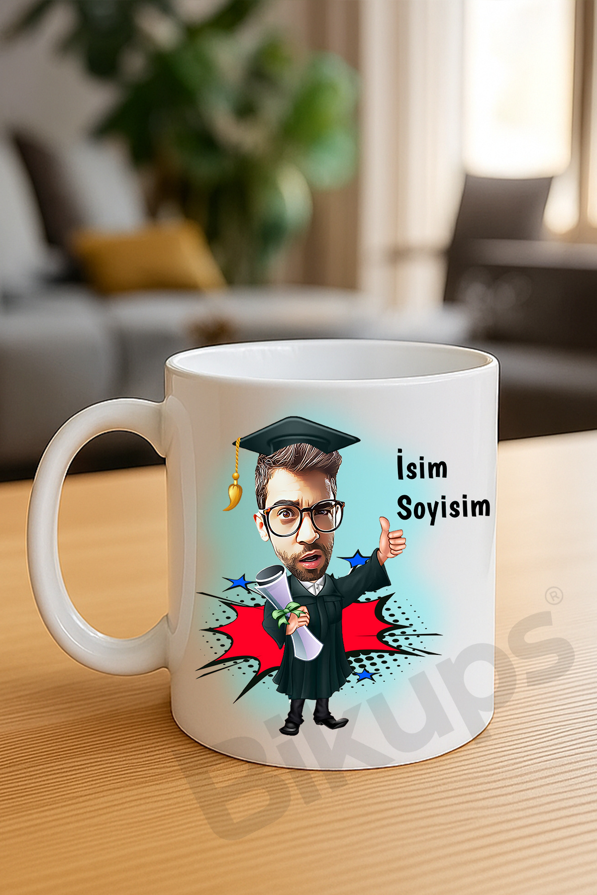 erkek mezun öğrencilere karikatür kupa bardak