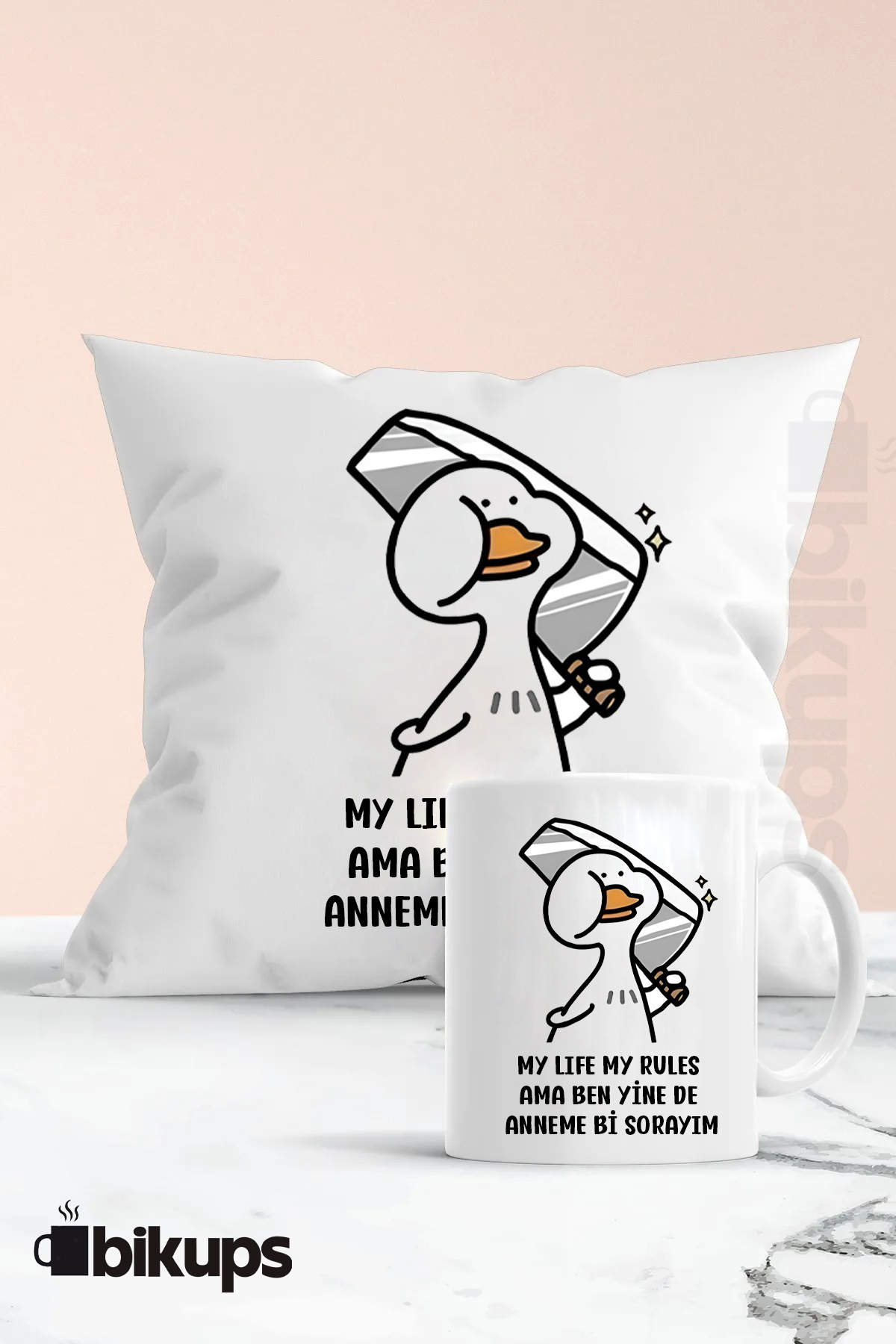 My Life My Rules Ama Ben Yine Anneme Bir Sorayım Baskılı Kupa ve Yastık Seti