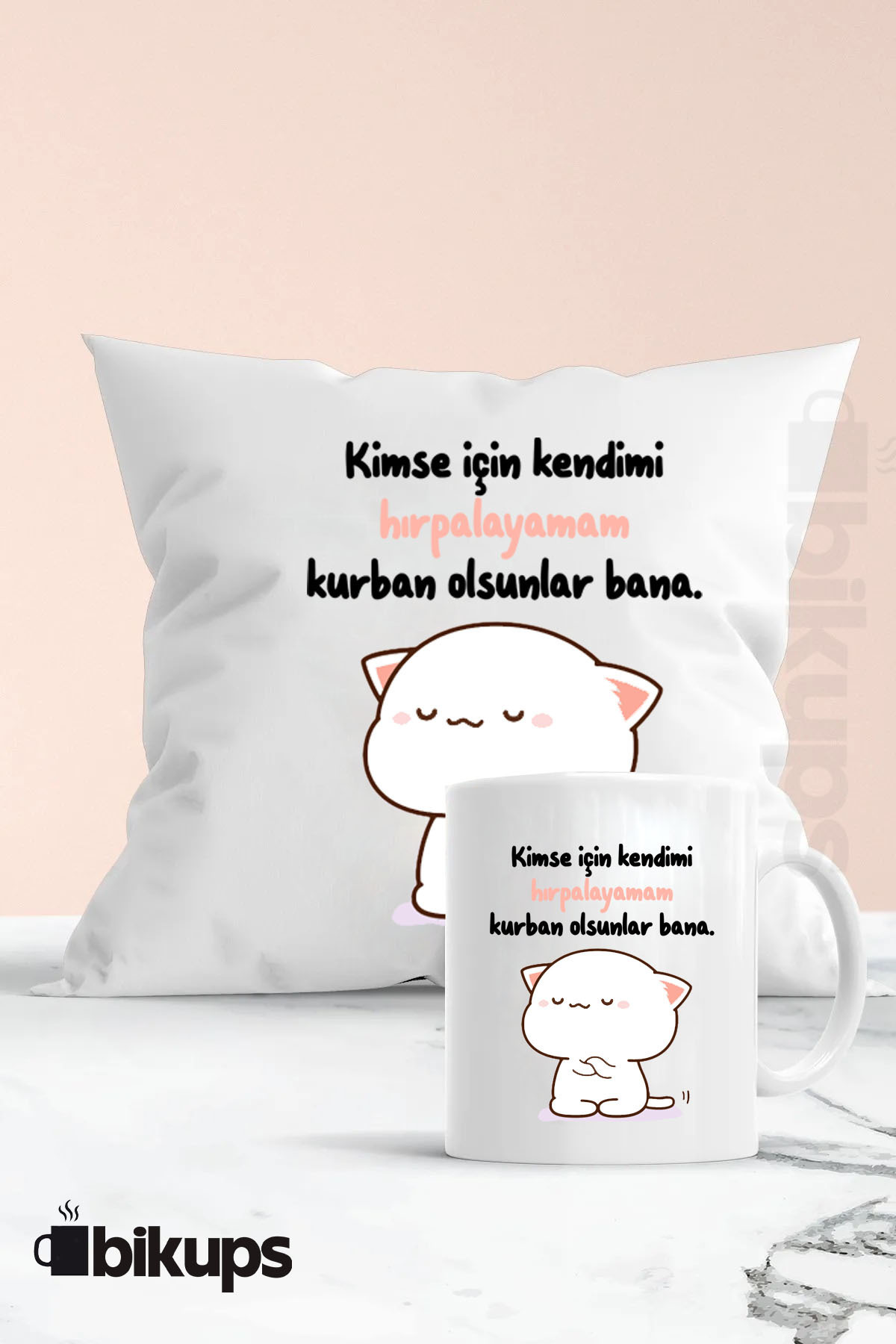 Kimse Için Kendimi Hırpalayamam Baskılı Hediyelik Yastık Ve Kupa Seti 28x28