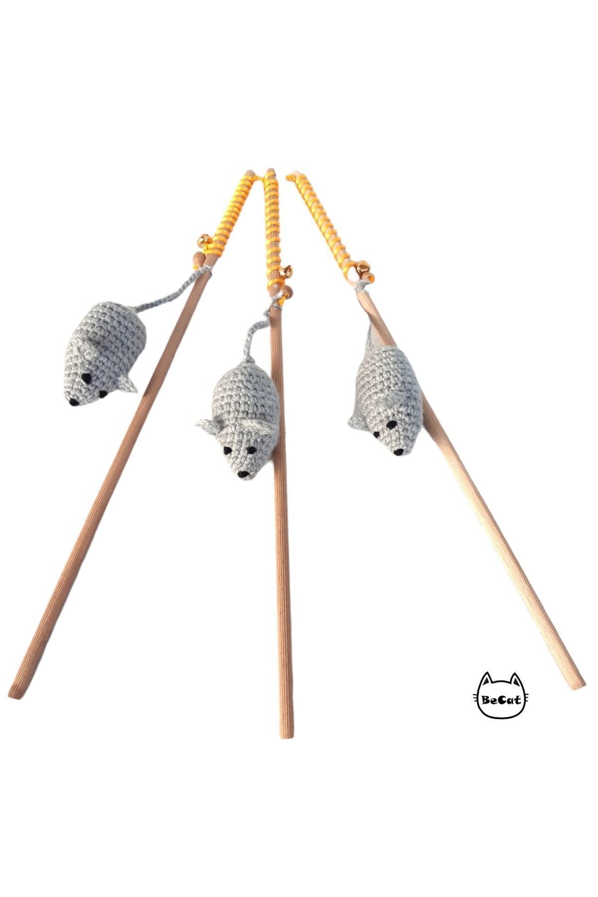 Fare Örgü, Amigurumi Catnipli Oyuncaklı Çanlı Kedi Oltası Oyuncağı - Gri