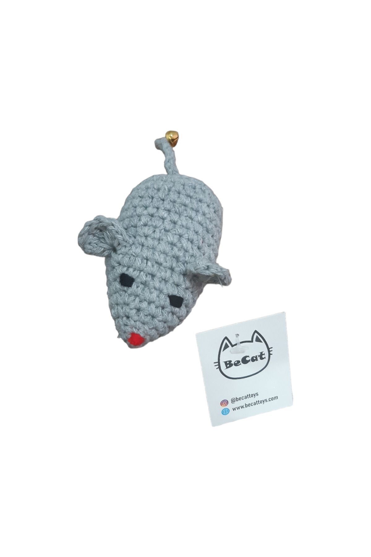 Fare Örgü, Amigurumi Catnipli Oyuncaklı Çanlı Kedi Oltası Oyuncağı - Gri