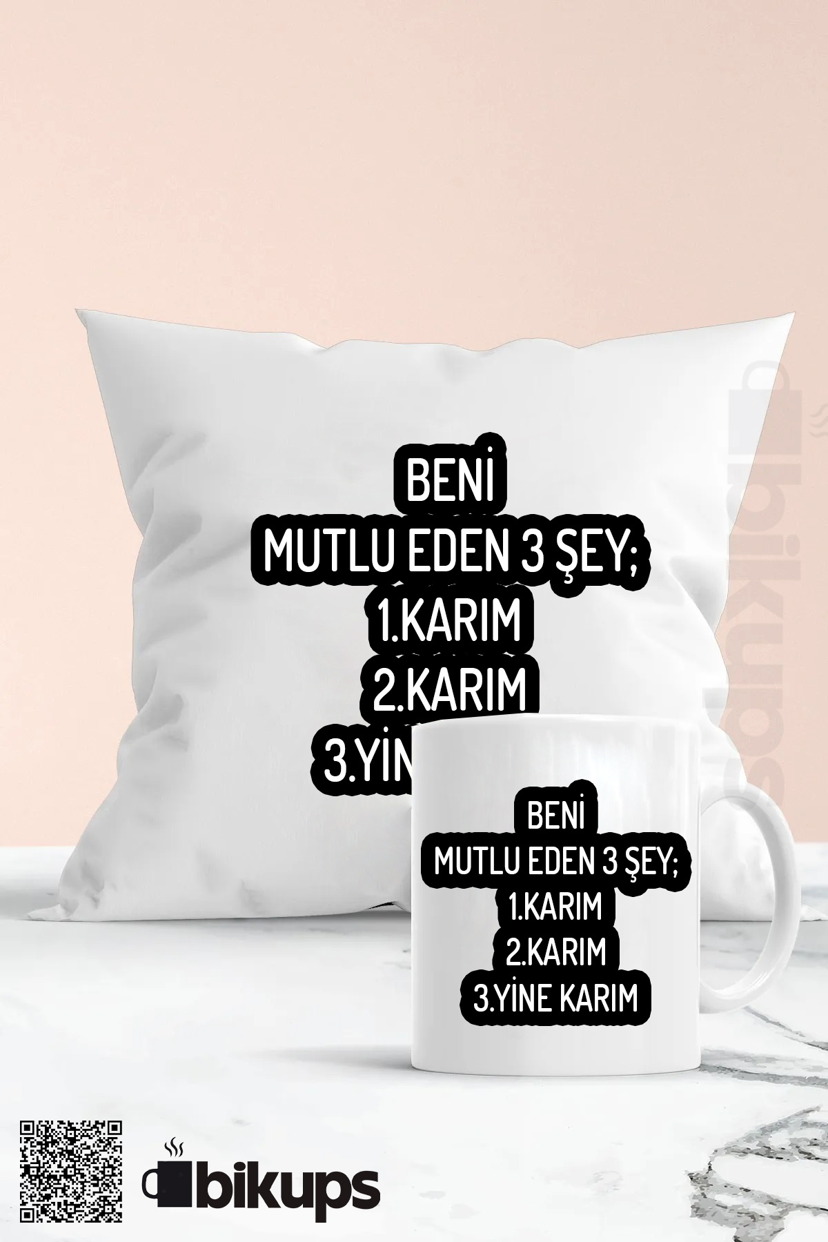 beni mutlu eden 3 şey karım karım karım kupa ve yastık seti