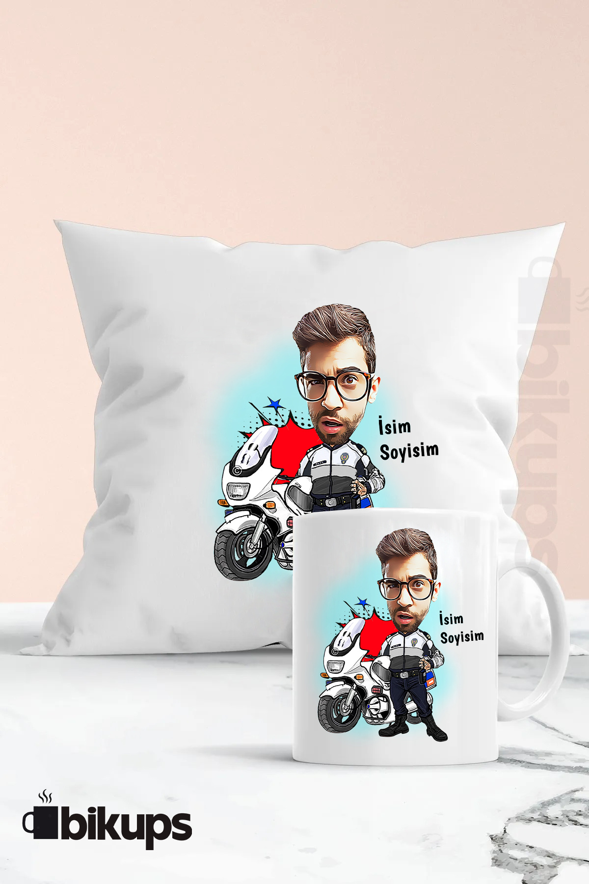 yunus polislere özel karikatür kupa ve yastık seti