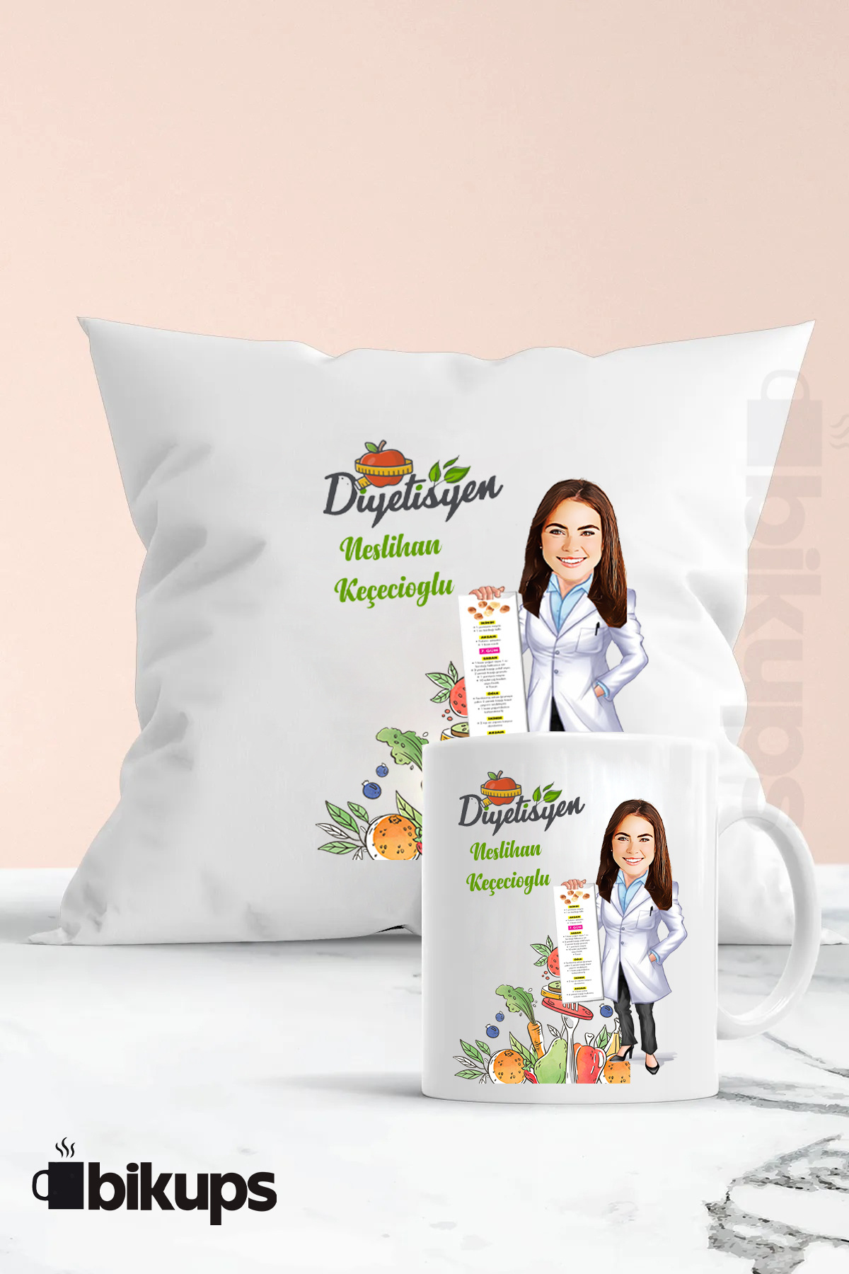 Diyetisyenlere Özel Karikatür kupa ve yastık seti
