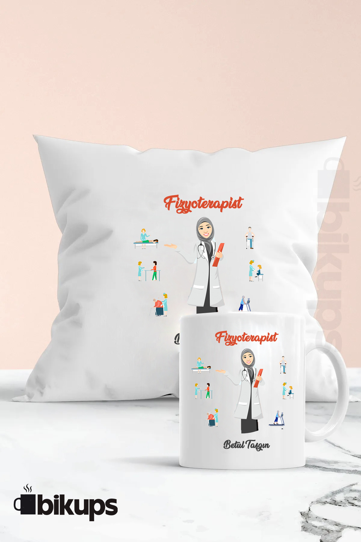 fizyoterapistlere özel isimli kupa ve yastık seti