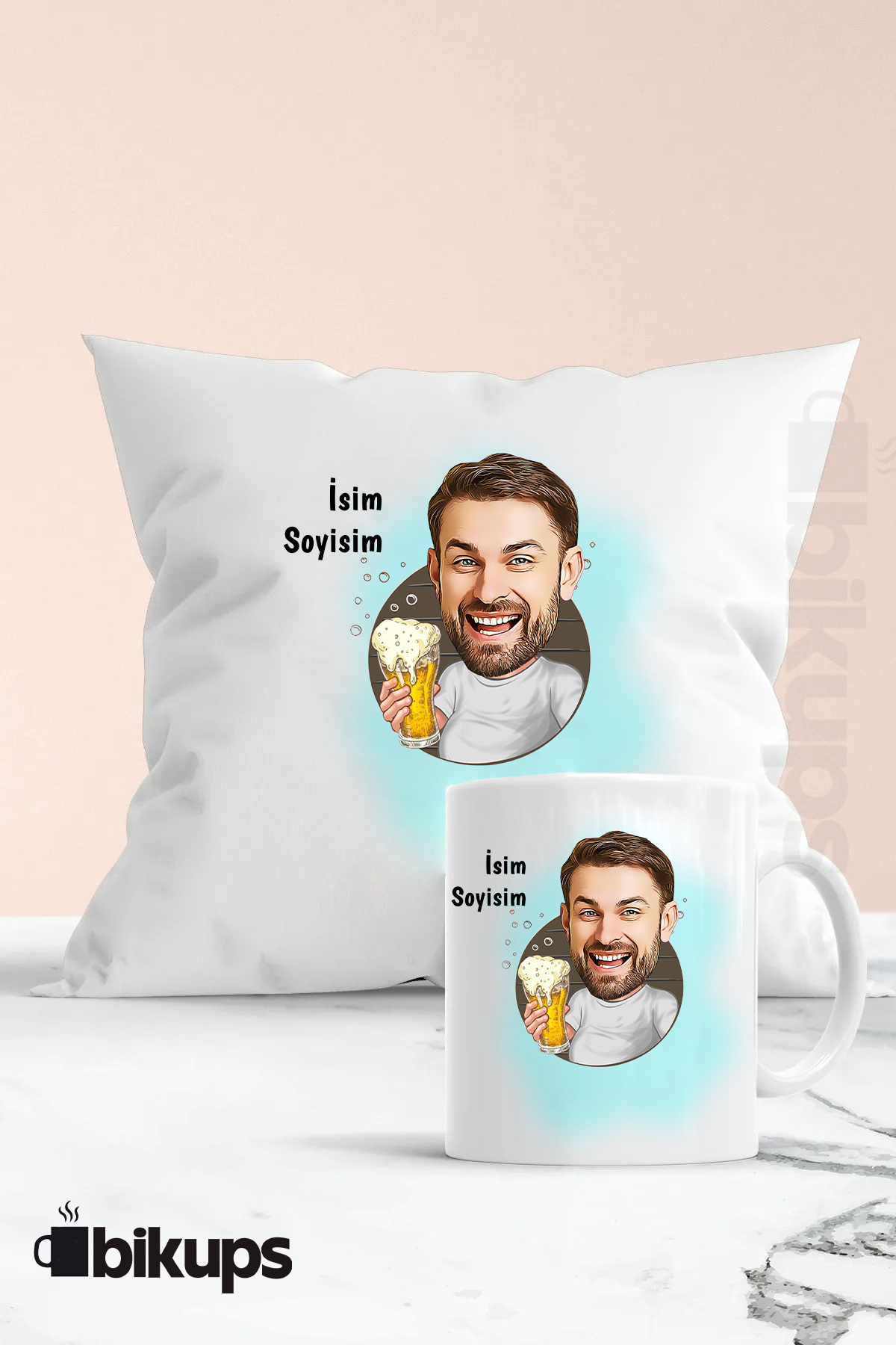 Bira sevenlere özel karikatür kupa ve yastık seti