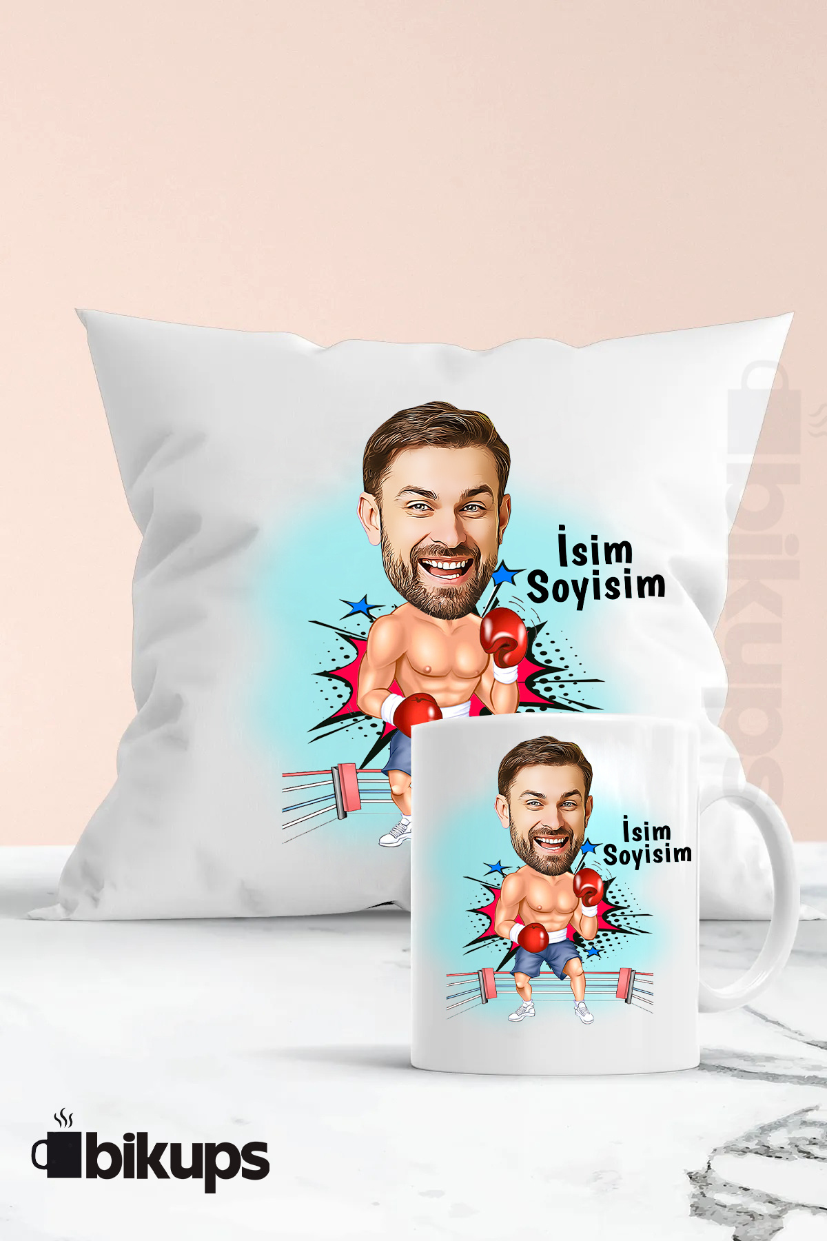 boksörlere özel karikatür kupa ve yastık seti