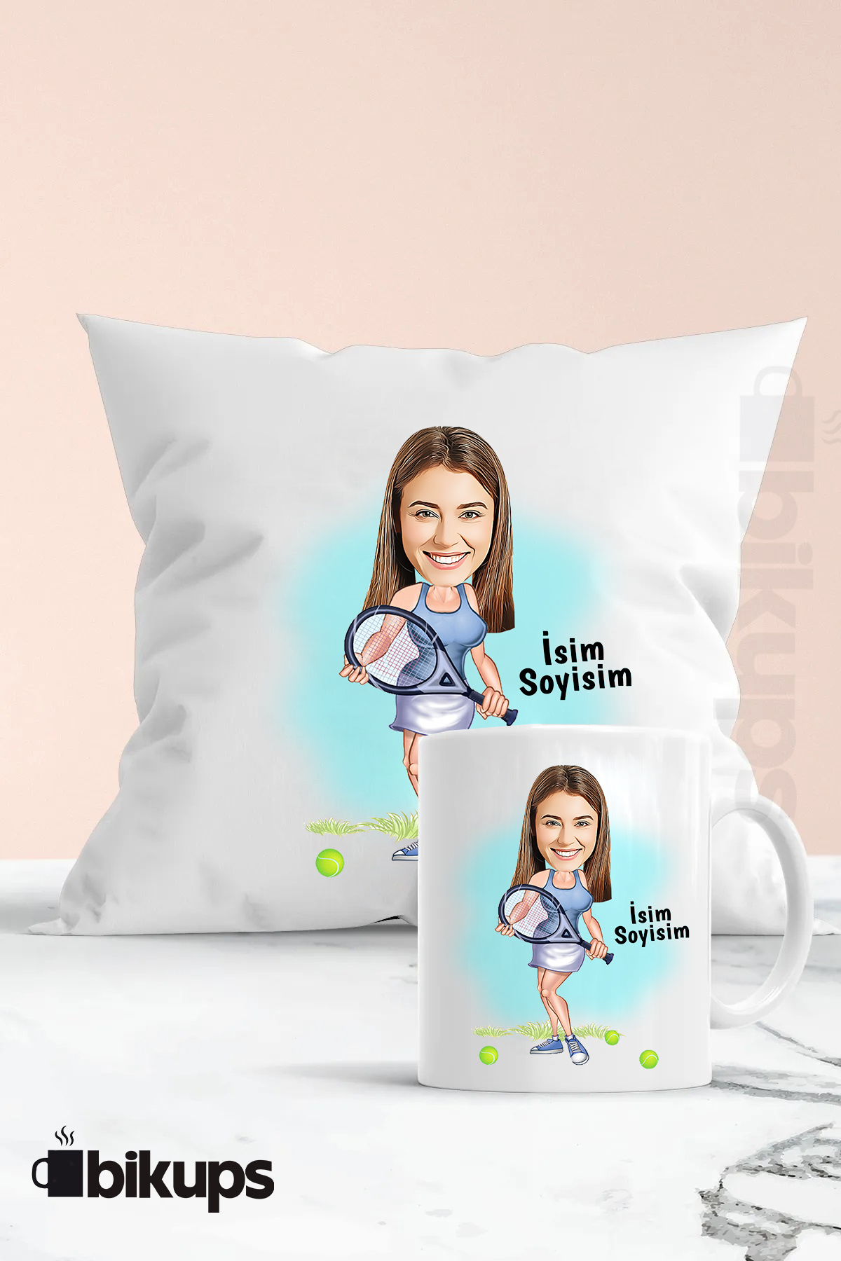 Tenis sevenlere özel karikatür kupa ve yastık seti