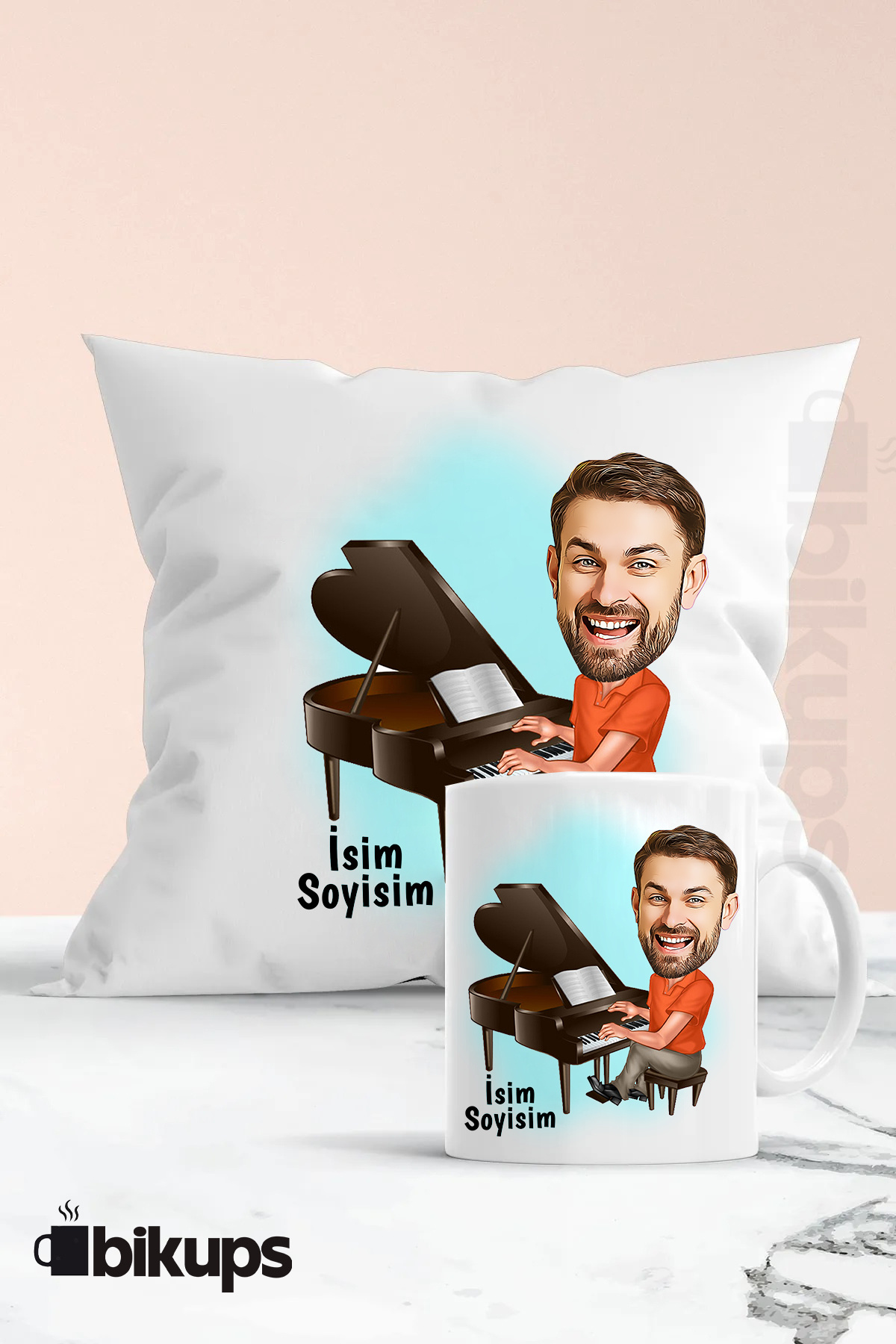 Piyanistlere özel karikatür kupa ve yastık seti