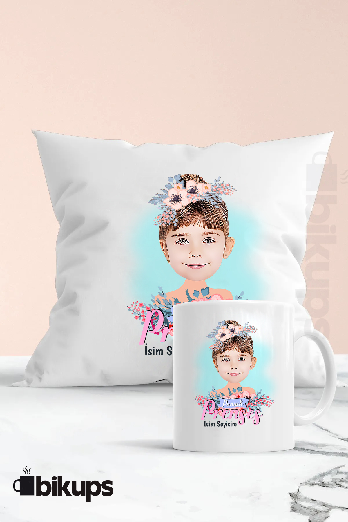 Prenses Kız çocuklarına Özel karikatür kupa ve yastık seti