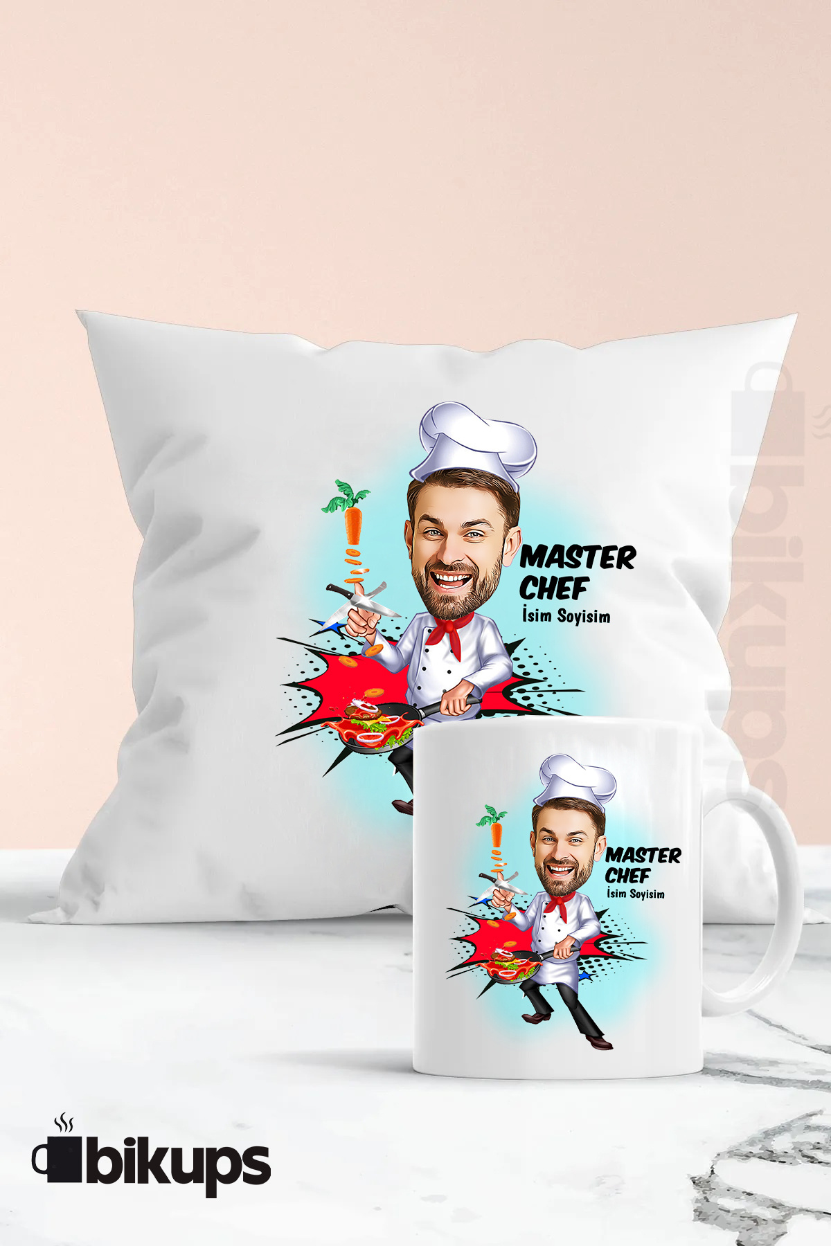 Master Cheflere Özel Karikatür Kupa ve Yastık Seti