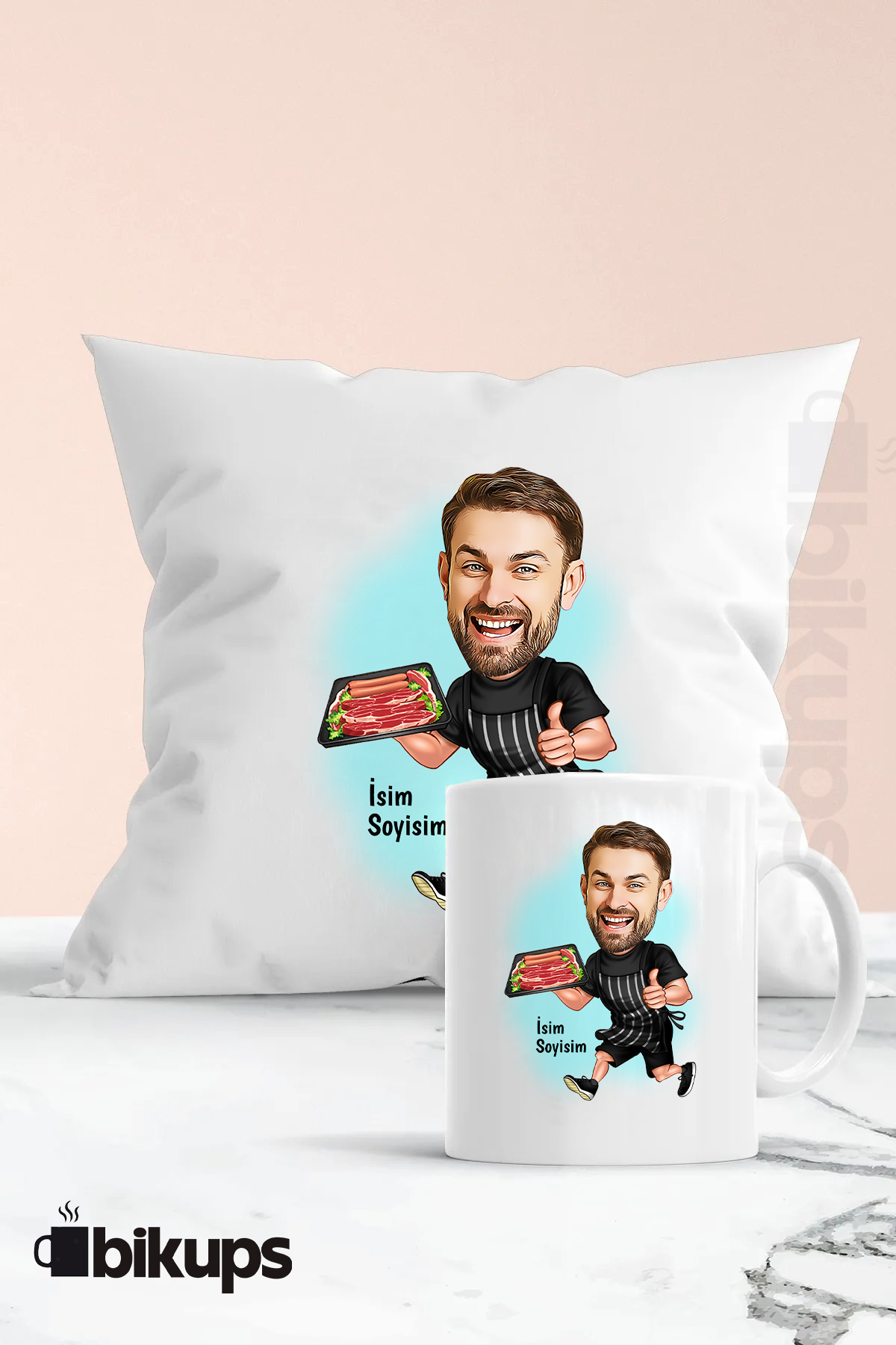 Mangalcılara Özel karikatür kupa ve yastık seti