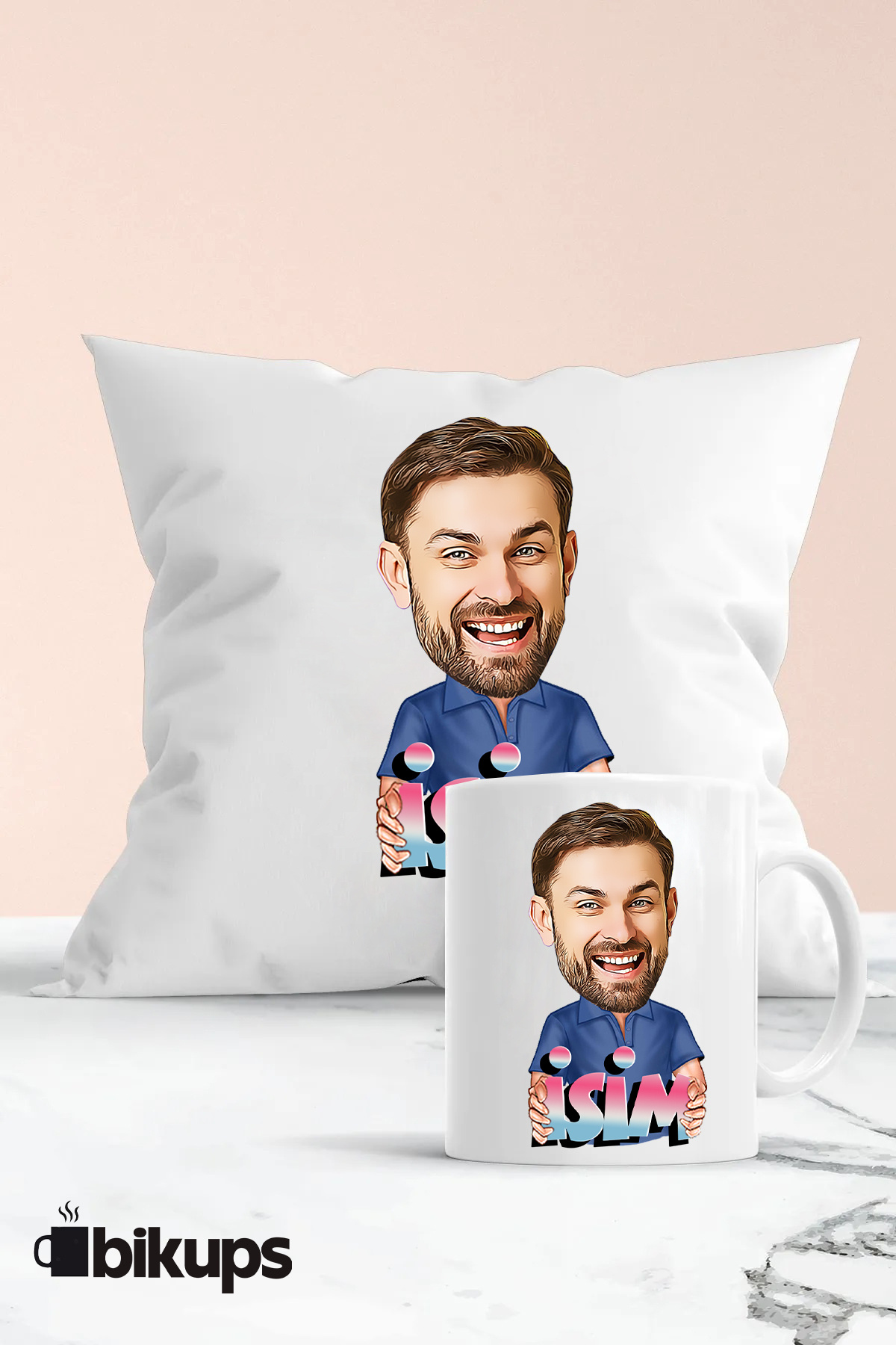 Kişiye Özel isimli karikatür kupa ve yastık seti