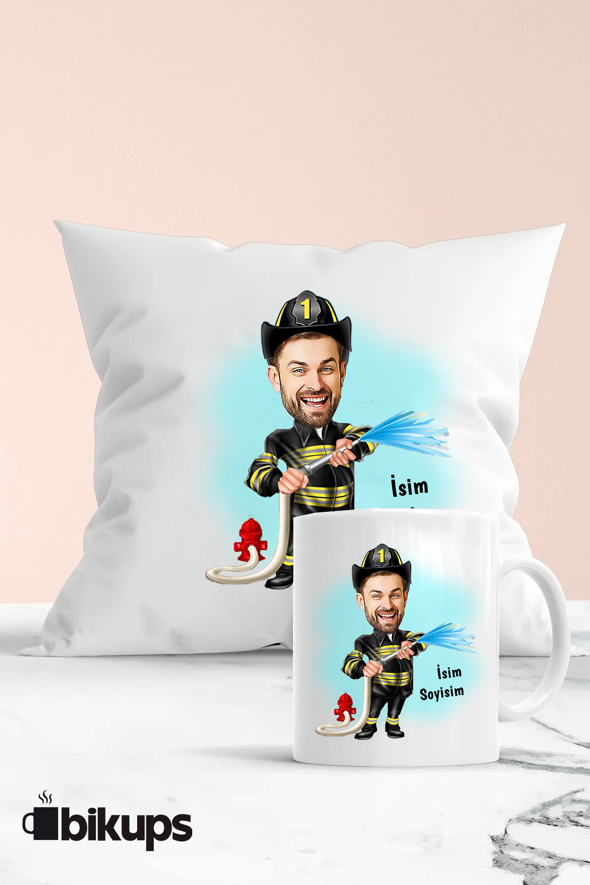 İtfayicilere Özel karikatür kupa ve yastık seti