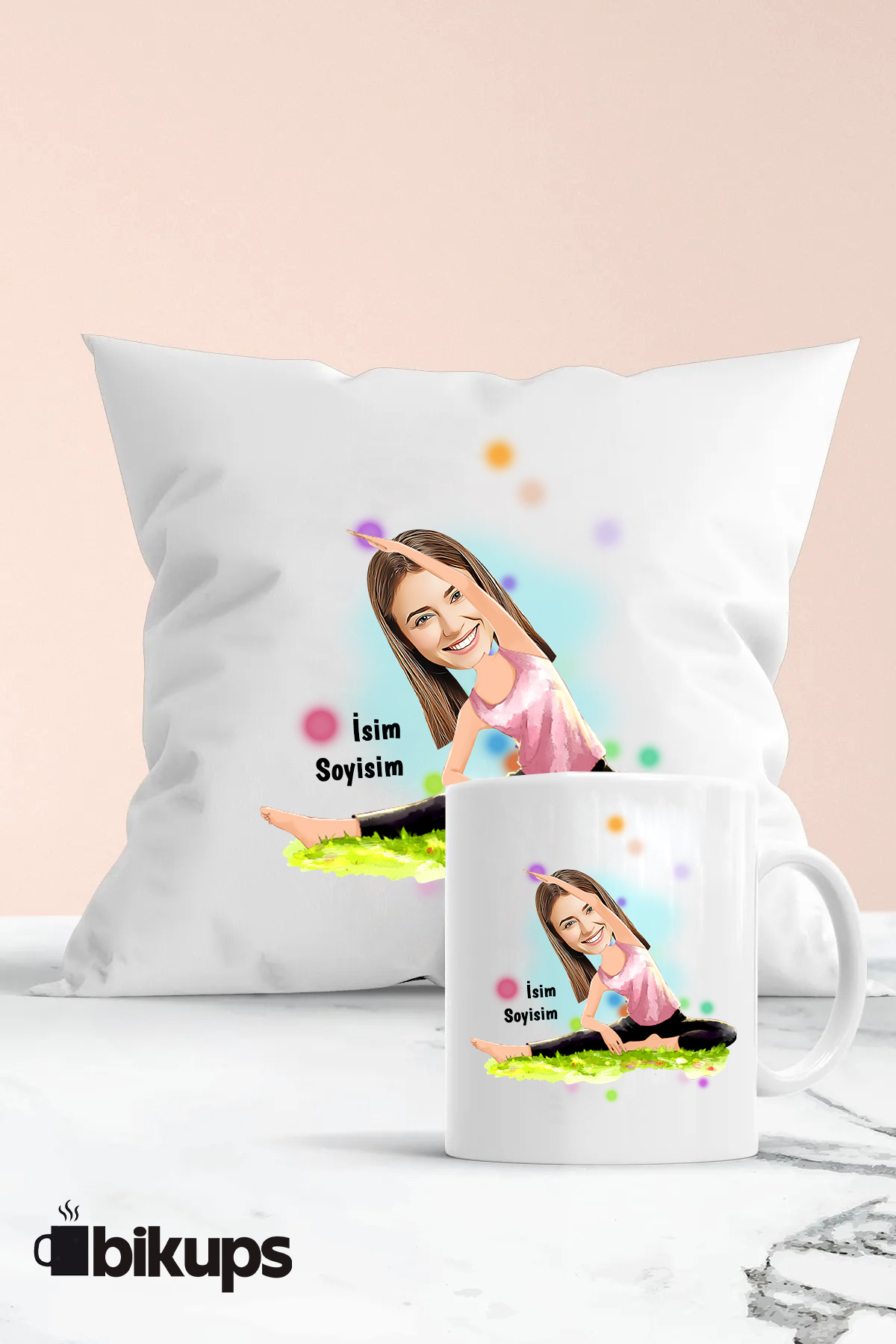 Yoga Hocası karikatür kupa ve yastık seti