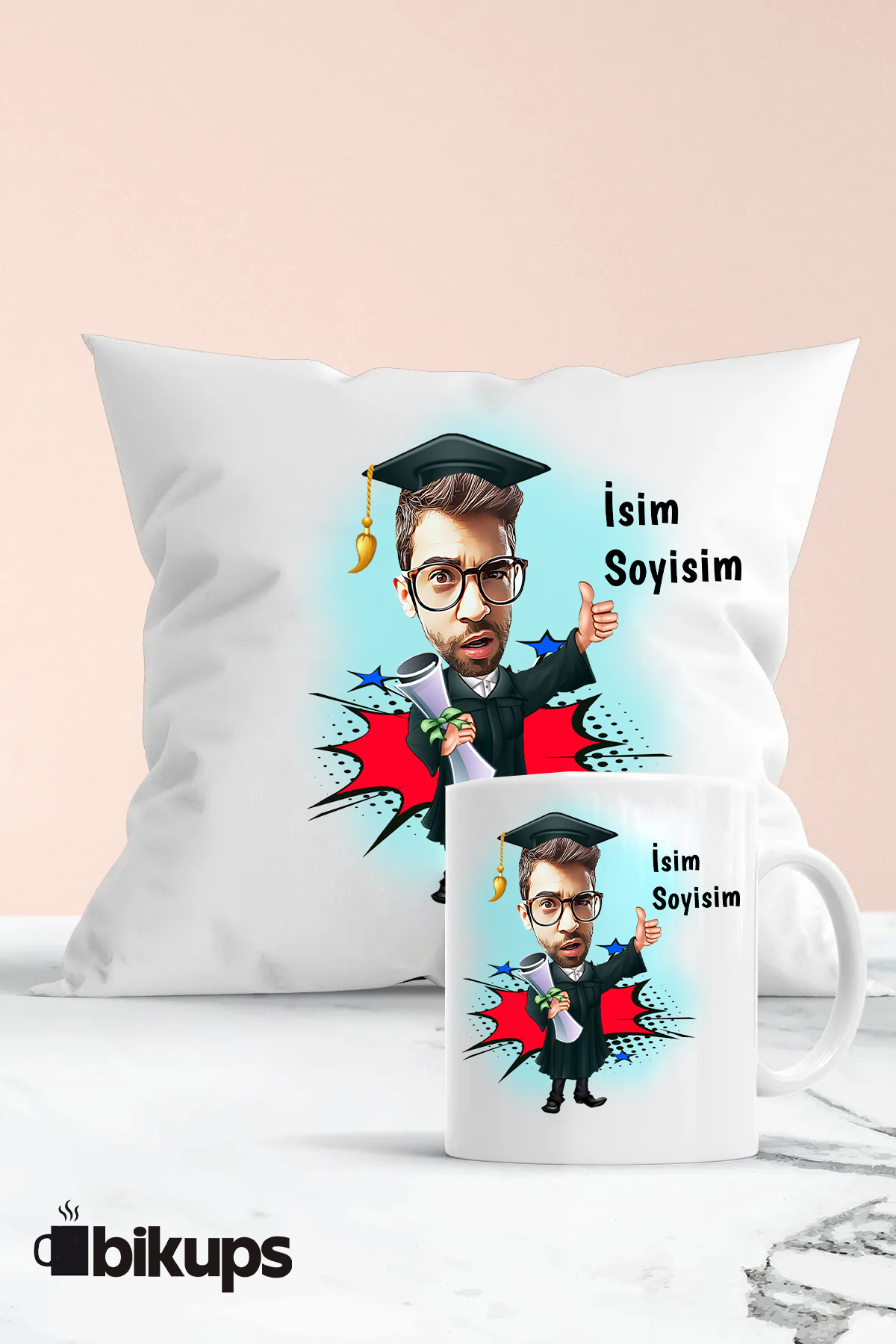 Öğrencilere Özel Kişiselleştirilebilir karikatür kupa ve yastık seti