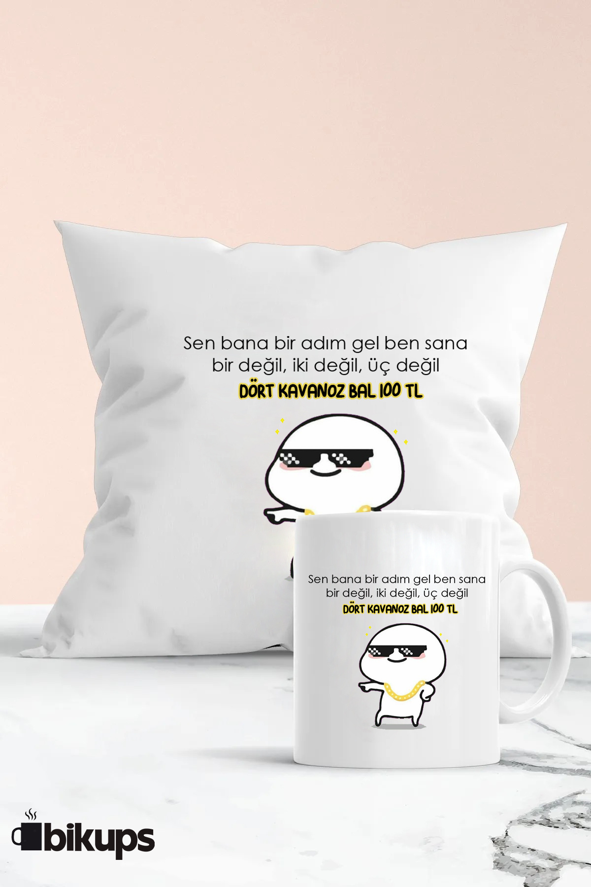 sen bana bir adım gel ben sana 1 değil 2 değil 3 değil tam 4 kavanoz bal baskılı kupa ve yastık seti