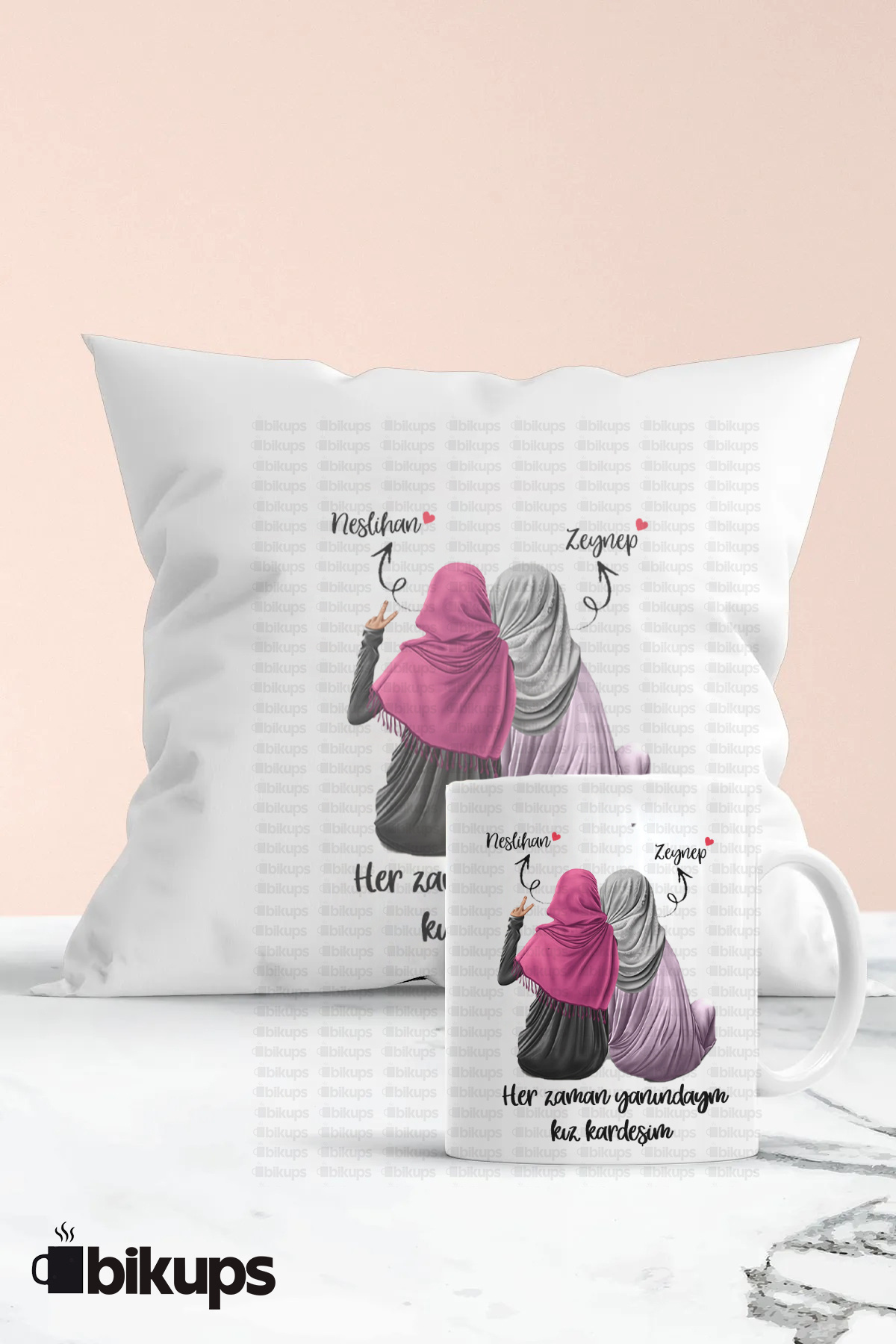 arkadaşlara özel isimli kupa ve yastık seti