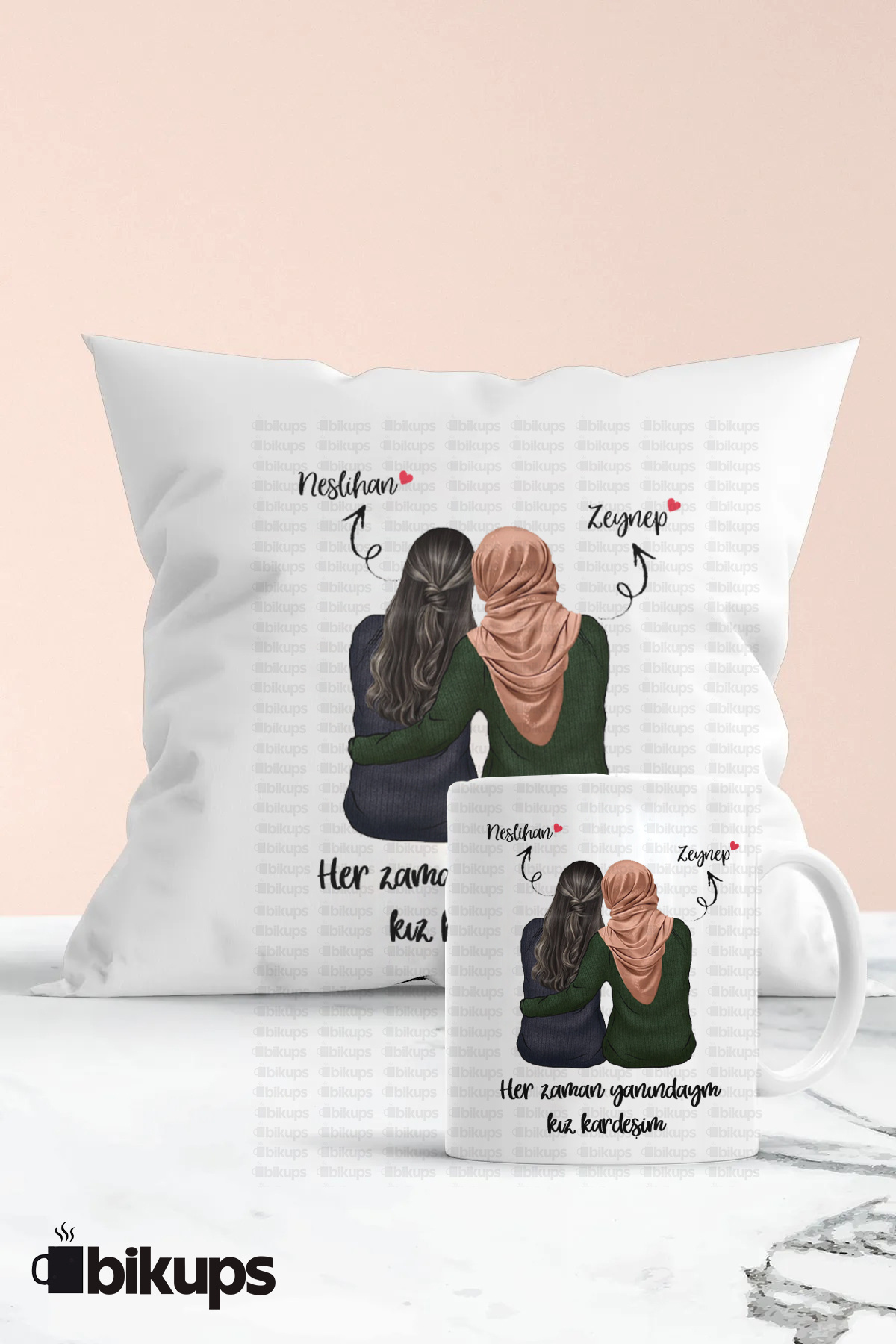 Kişiye özel dostlara isimli kupa ve yastık seti