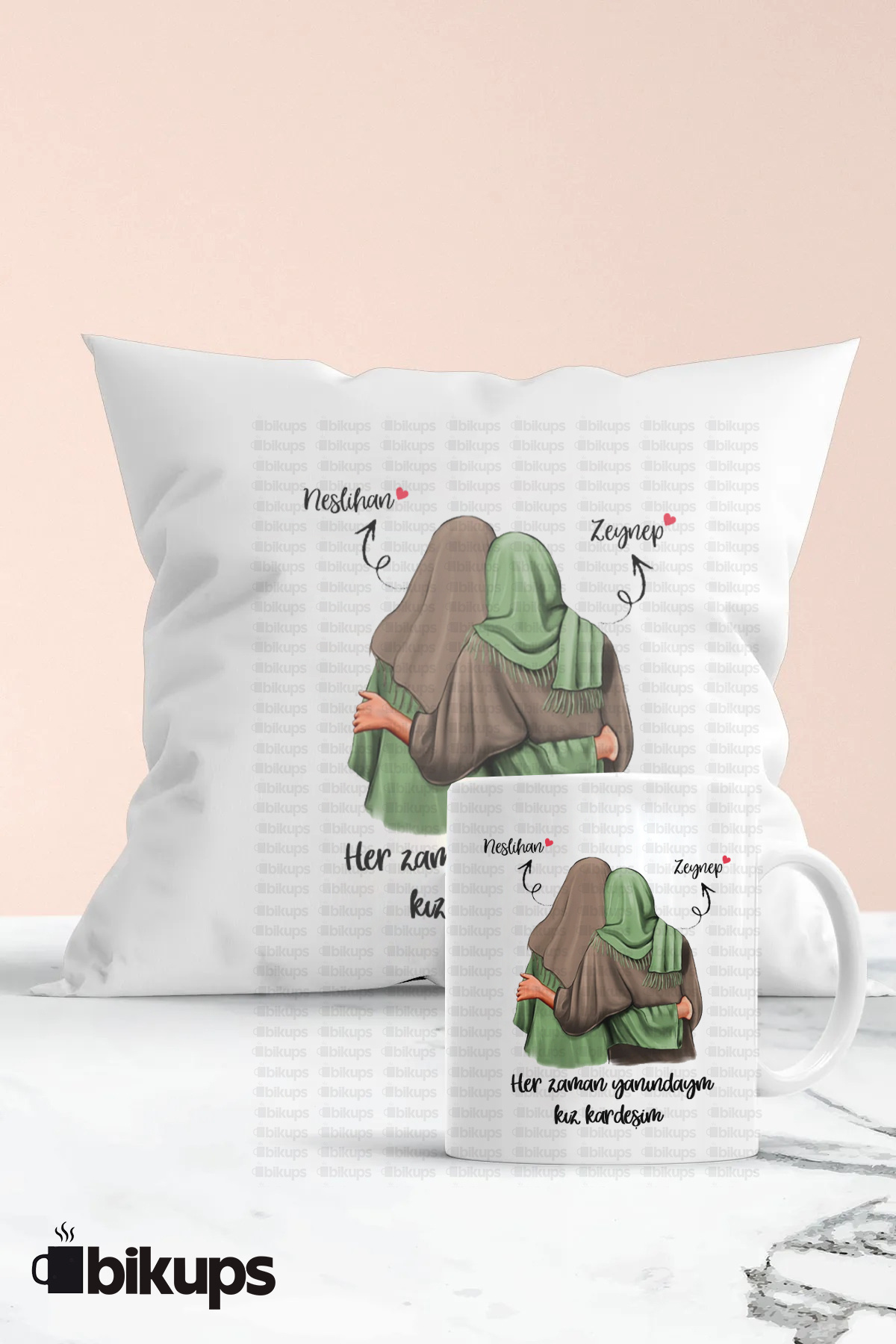 Arkadaşa Özel Kız Kardeşim Kişiye Özel İsimli Hediyelik Yastık ve Kupa Seti