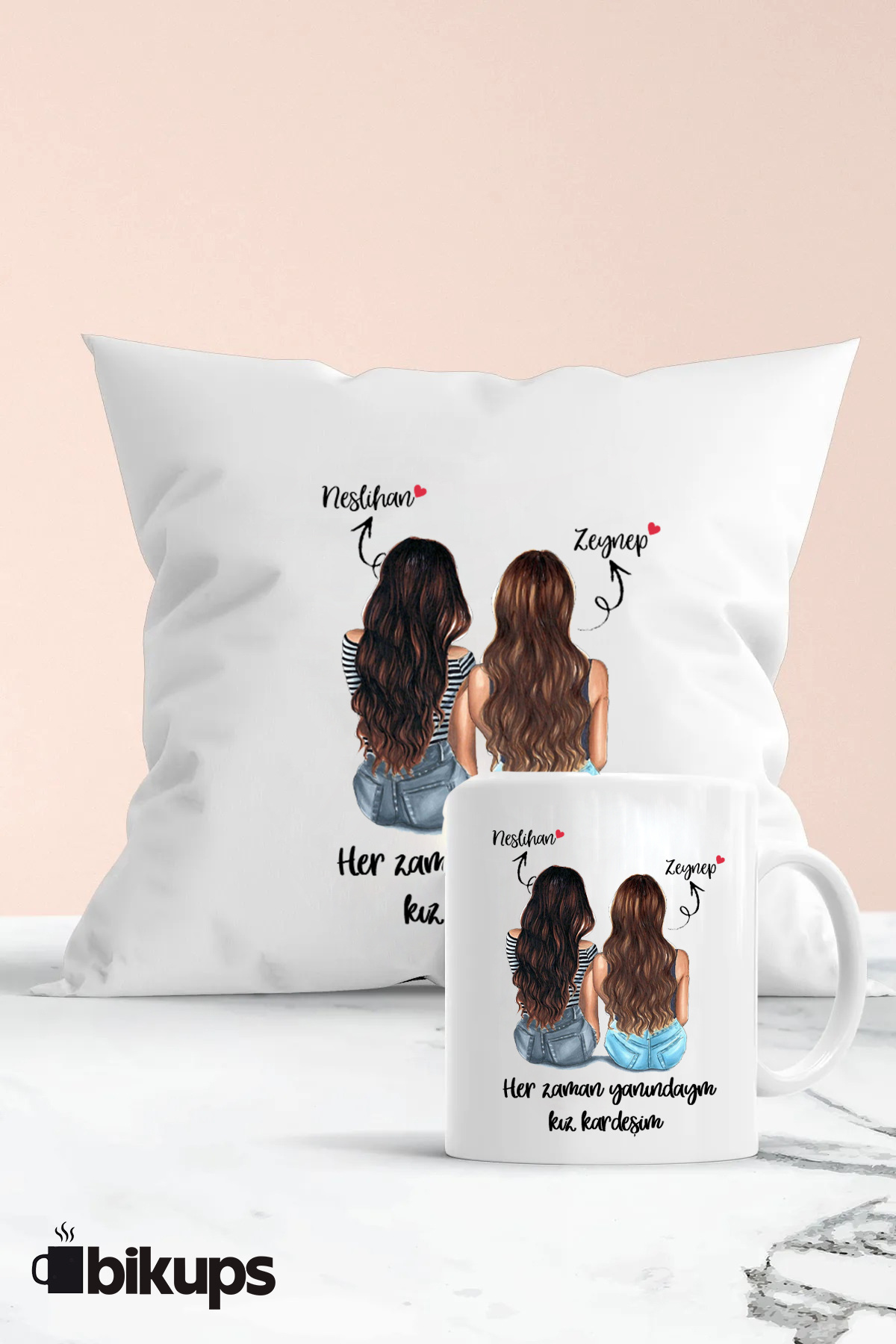 2 Arkadaşa Özel Kız Kardeşim Hediyelik Yastık ve Kupa Seti İsimli