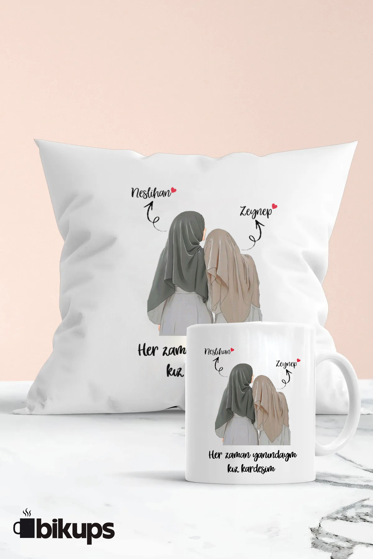 2 Arkadaşa Özel Kız Kardeşim Hediyelik Yastık ve Kupa Seti Kişiselleştirilebilir