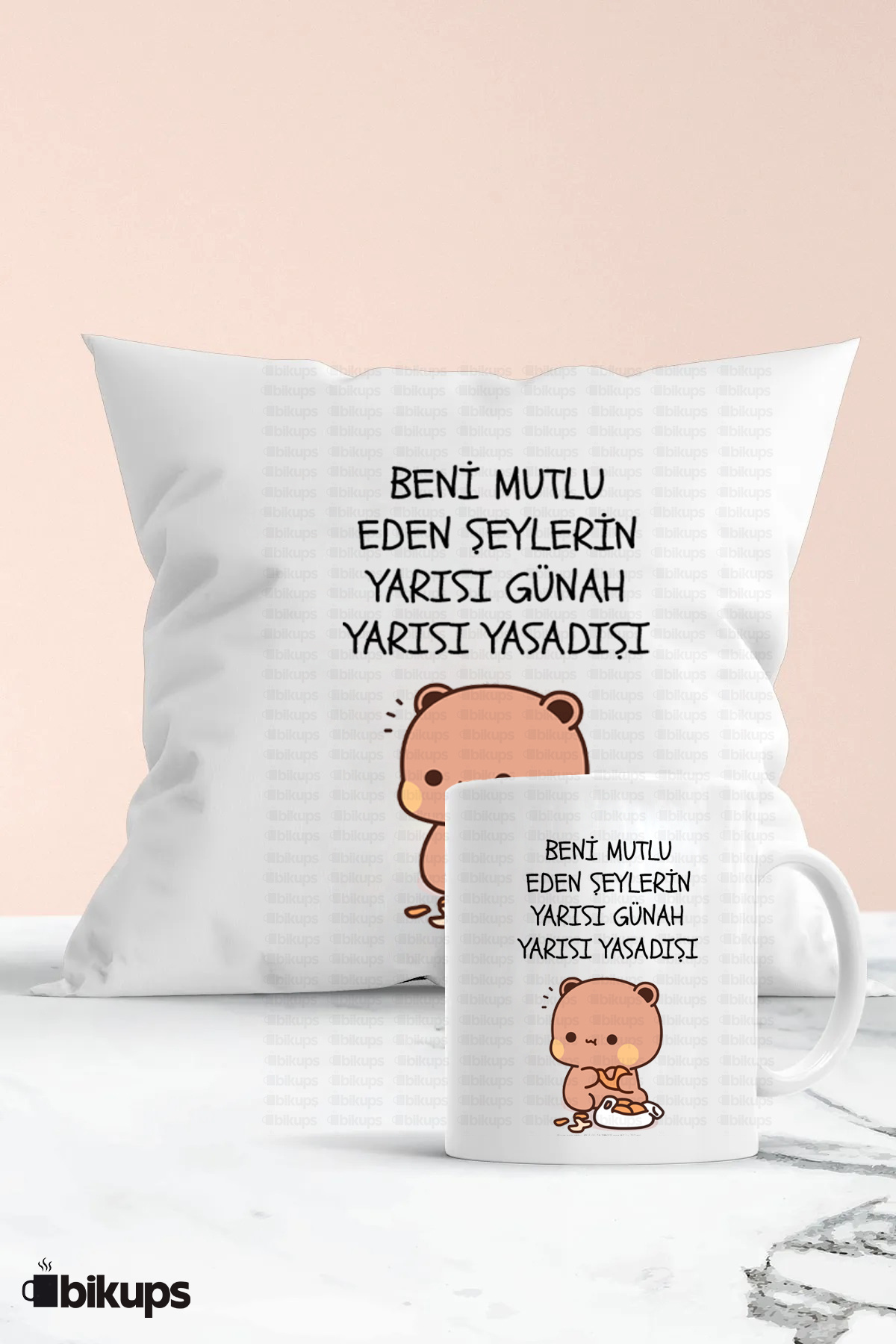 beni mutlu eden şeylerin yarısı günah yarısı yasadışı baskılı kupa ve yastık seti