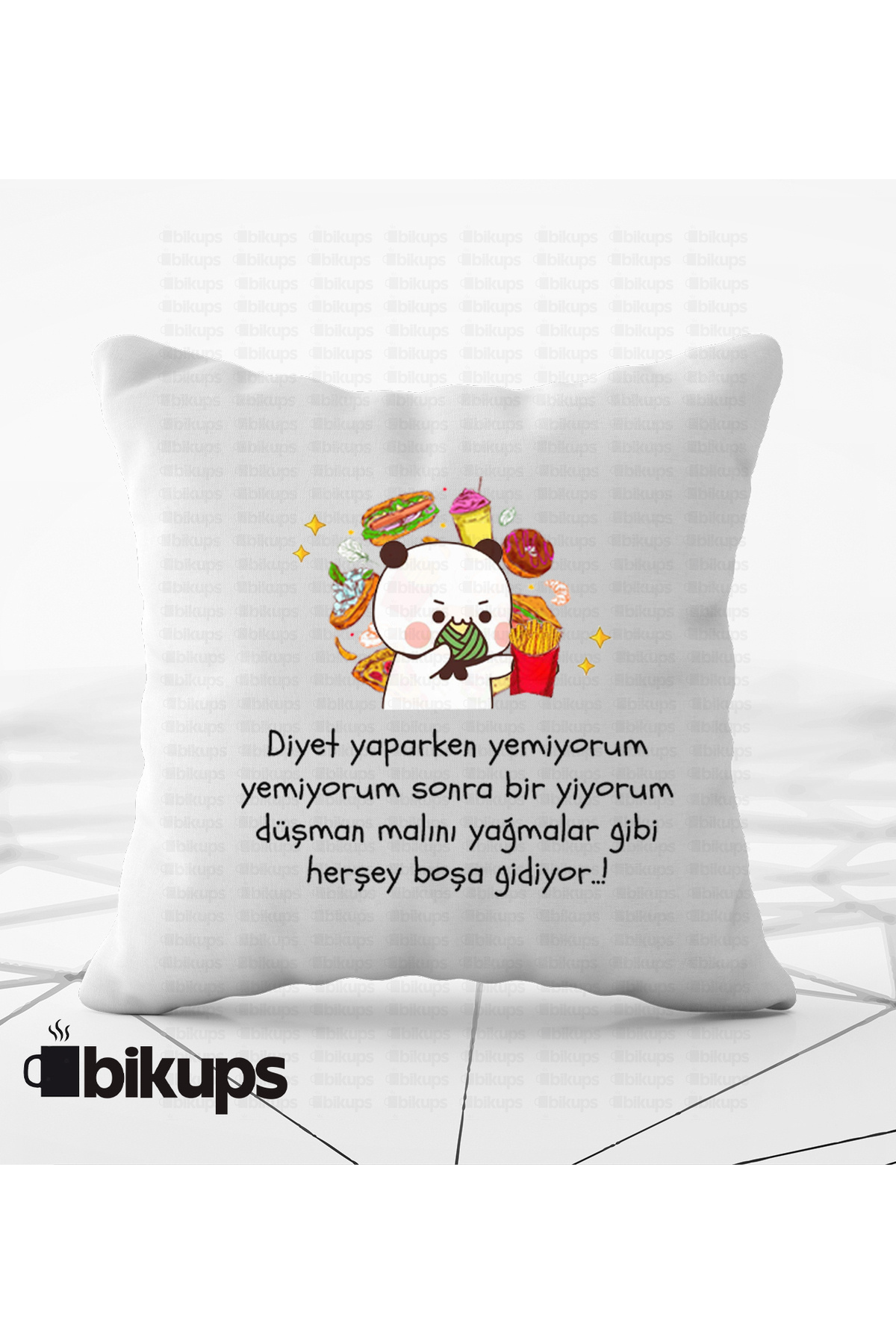 Diyet yaparken yemiyorum yemiyorum sonra bir yiyorum düşman malını yağmalar gibi baskılı yastık
