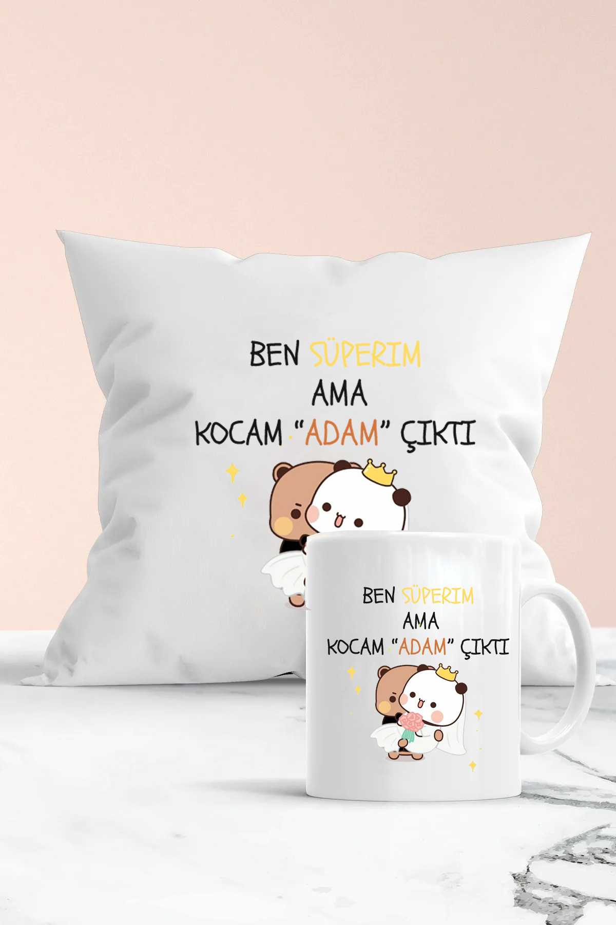 Ben süperim ama kocam adam çıktı baskılı kupa ve yastık seti