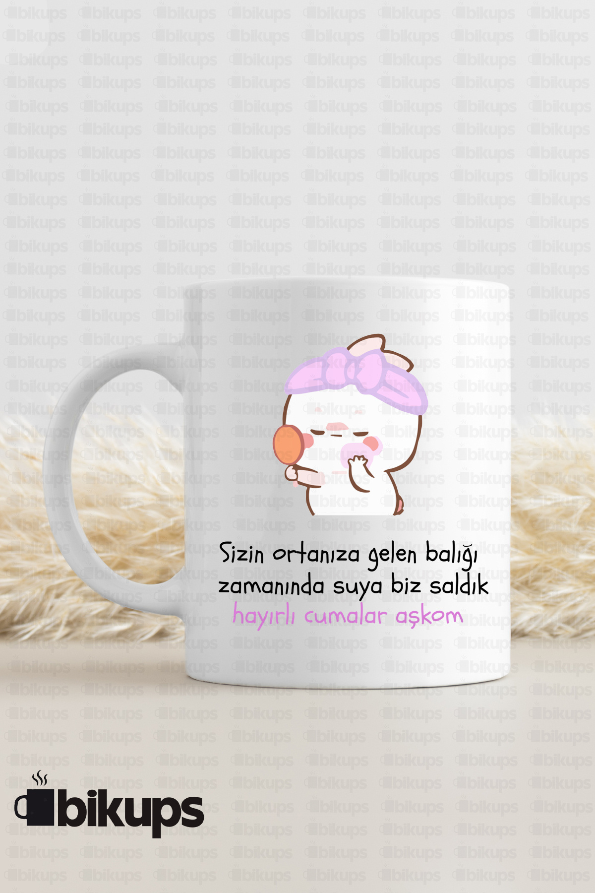 Sizin ortamınıza gelen balığı suya biz saldık hayırlı cumalar aşkom baskılı kupa bardak