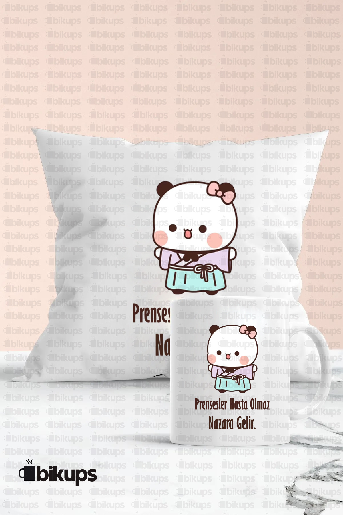 Prensesler Hasta Olmaz Nazara Gelir Baskılı Yastık Baskılı Kupa Yastık Seti