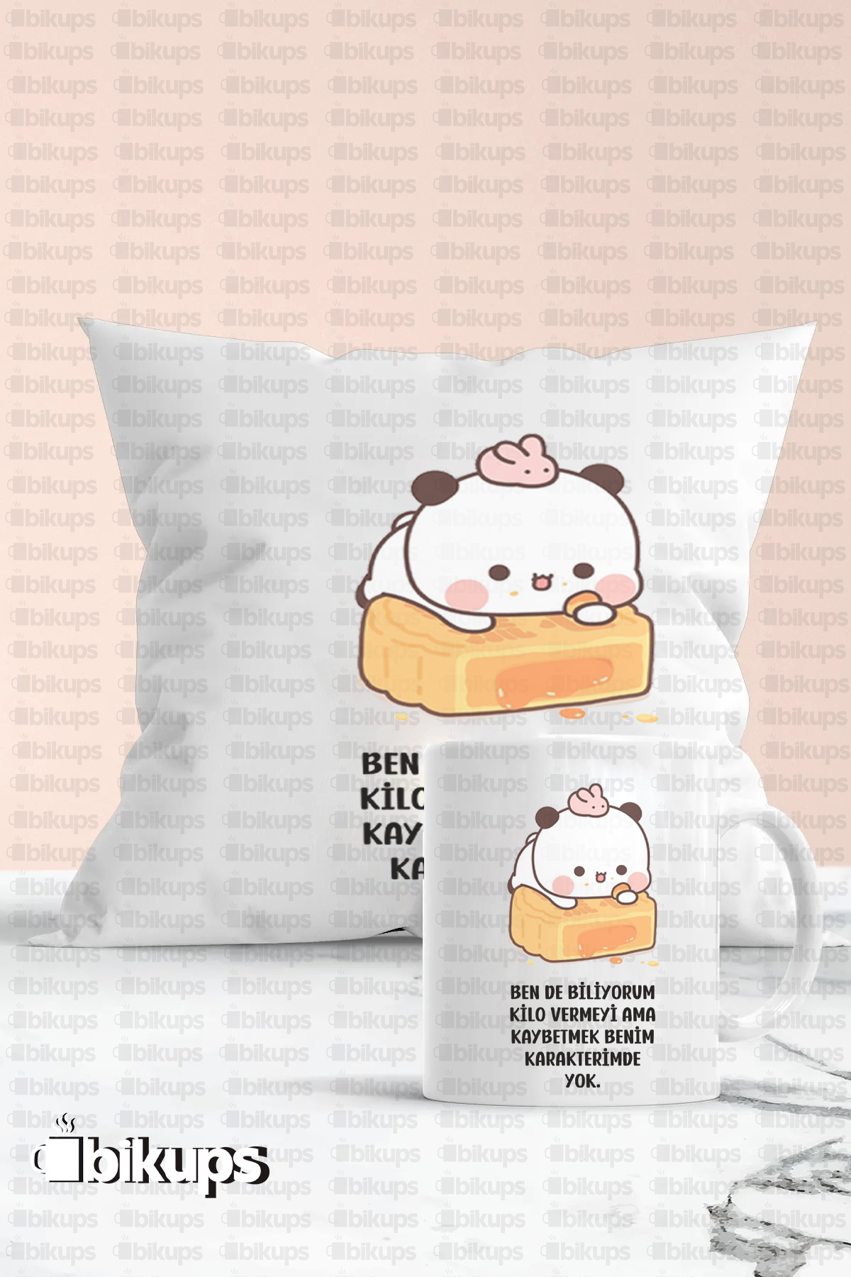 Ben de biliyorum kilo vermeyi ama kaybetmek benim karakterimde yok Baskılı Kupa Yastık Seti