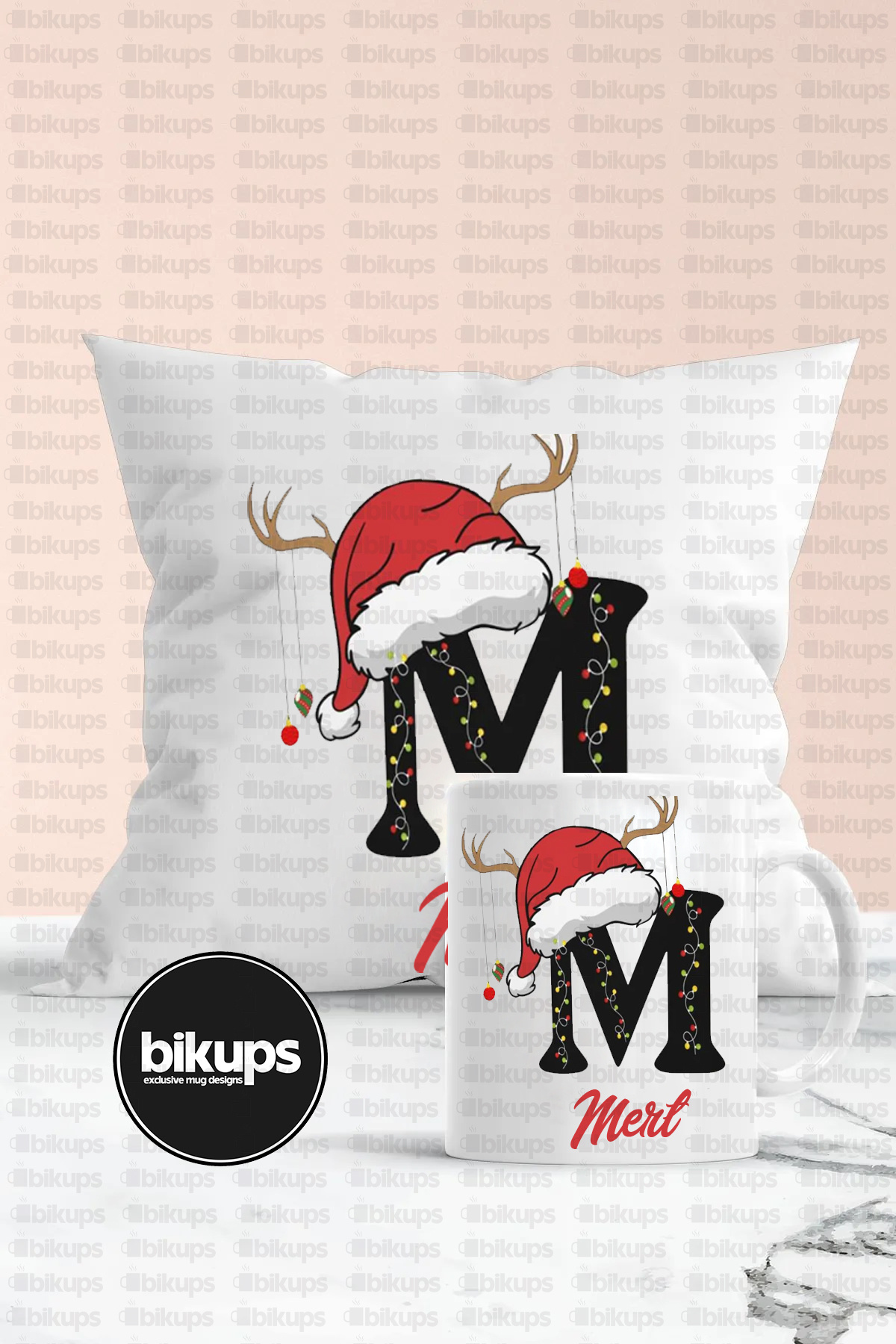 Kişiye Özel Haft Baskılı Merry Christmas Baskılı Hediyelik Yastık Ve Kupa Seti