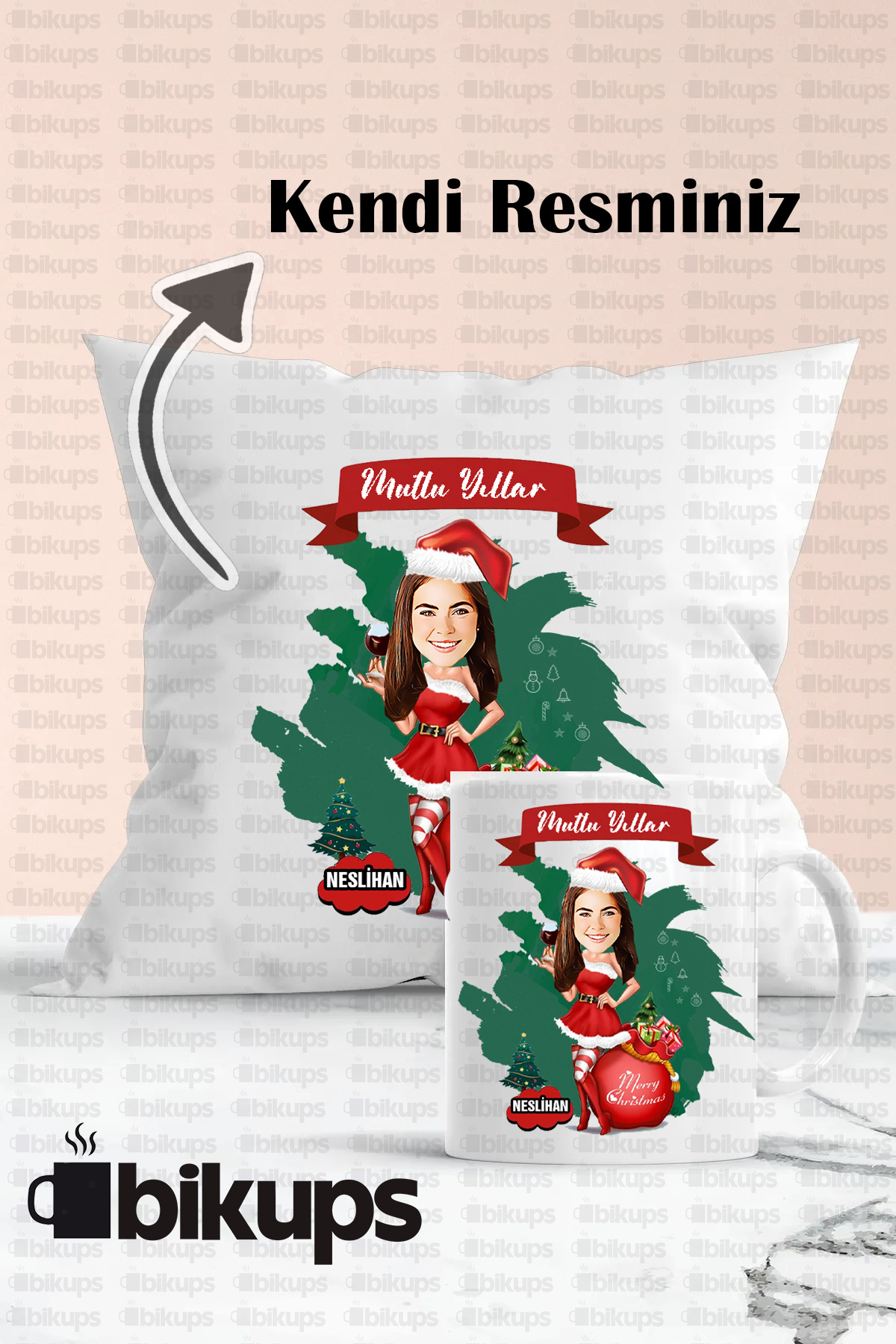 Yılbaşına Özel Noel Tasarımlı Karikatür kişiselleştirilmiş Hediyelik Yastık Ve Kupa Seti