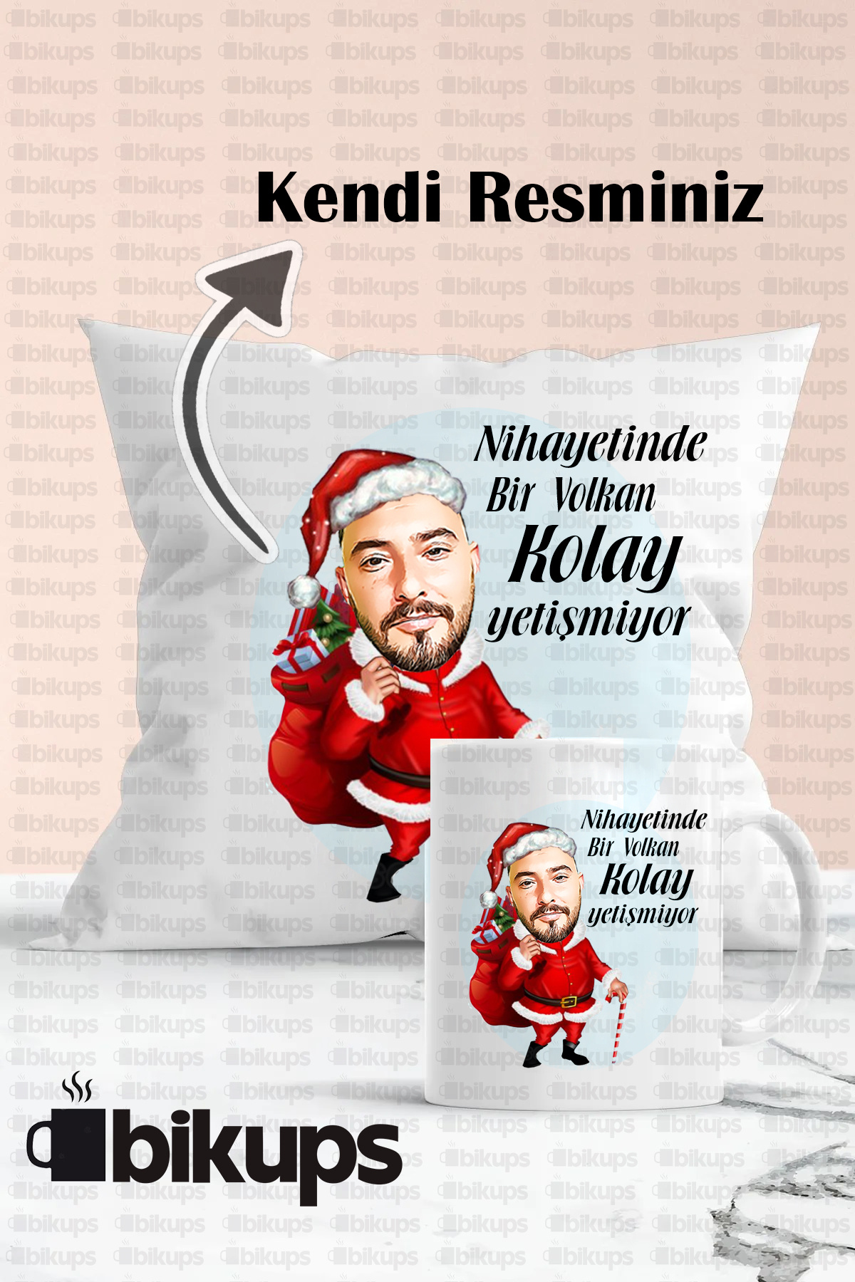 Yılbaşına Özel Noel Baba Baskılı Karikatür Hediyelik Yastık Ve Kupa Seti