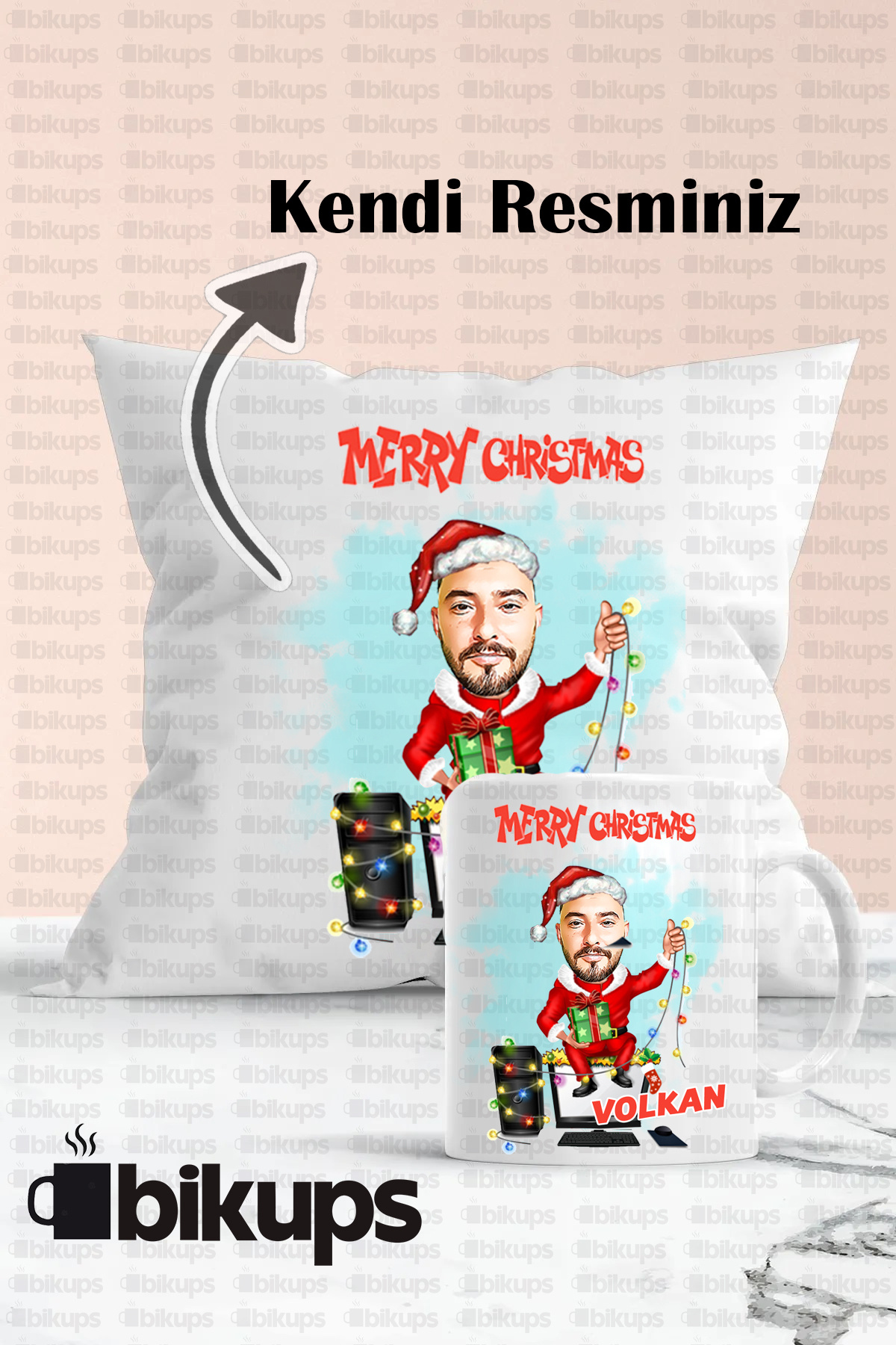 Yılbaşına Özel Noel Baba Baskılı Karikatür  Tasarımlı Hediyelik Yastık Ve Kupa Seti