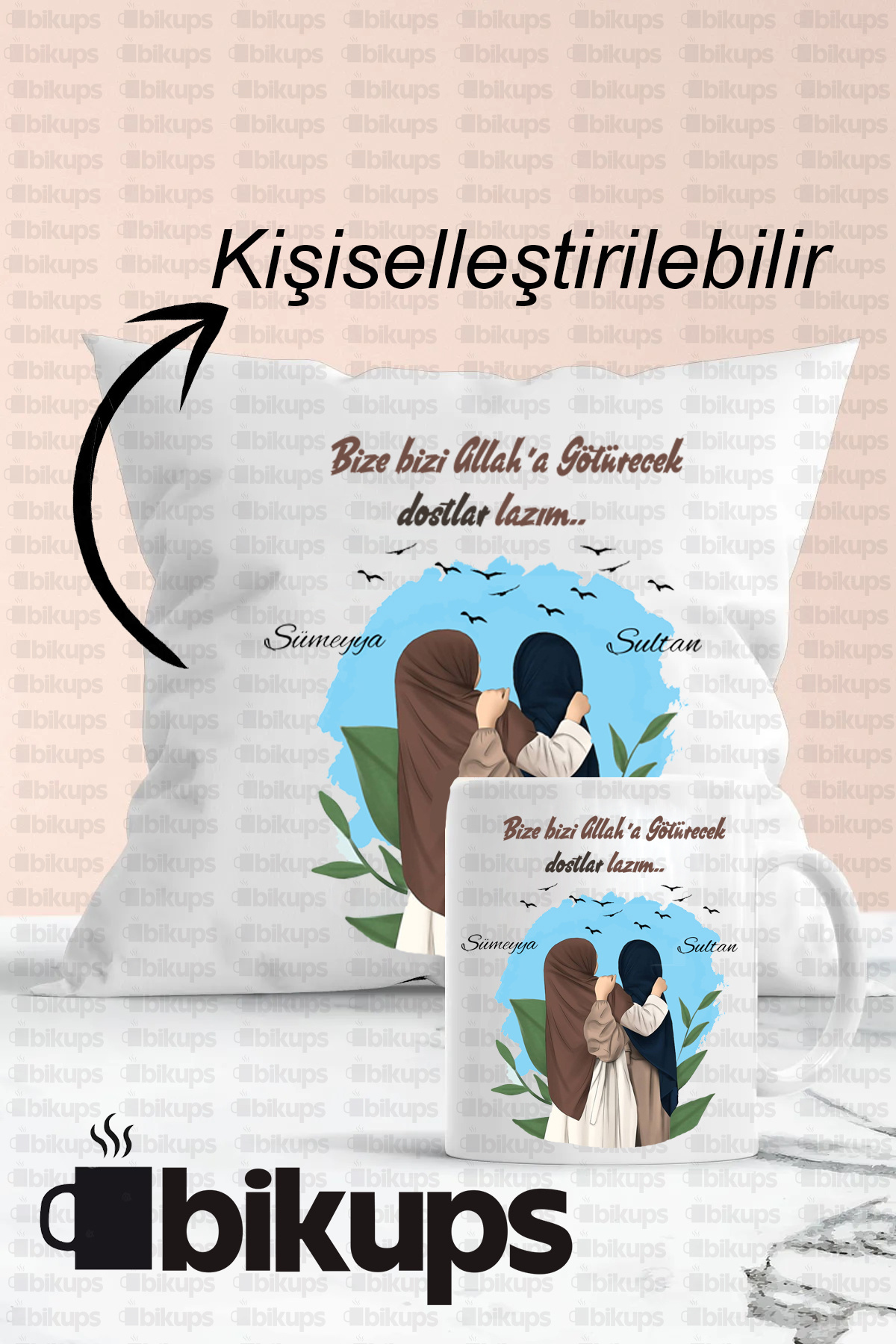 Dostlara Özel İsim Baskılı Kupa Bardak ve Yastık Seti