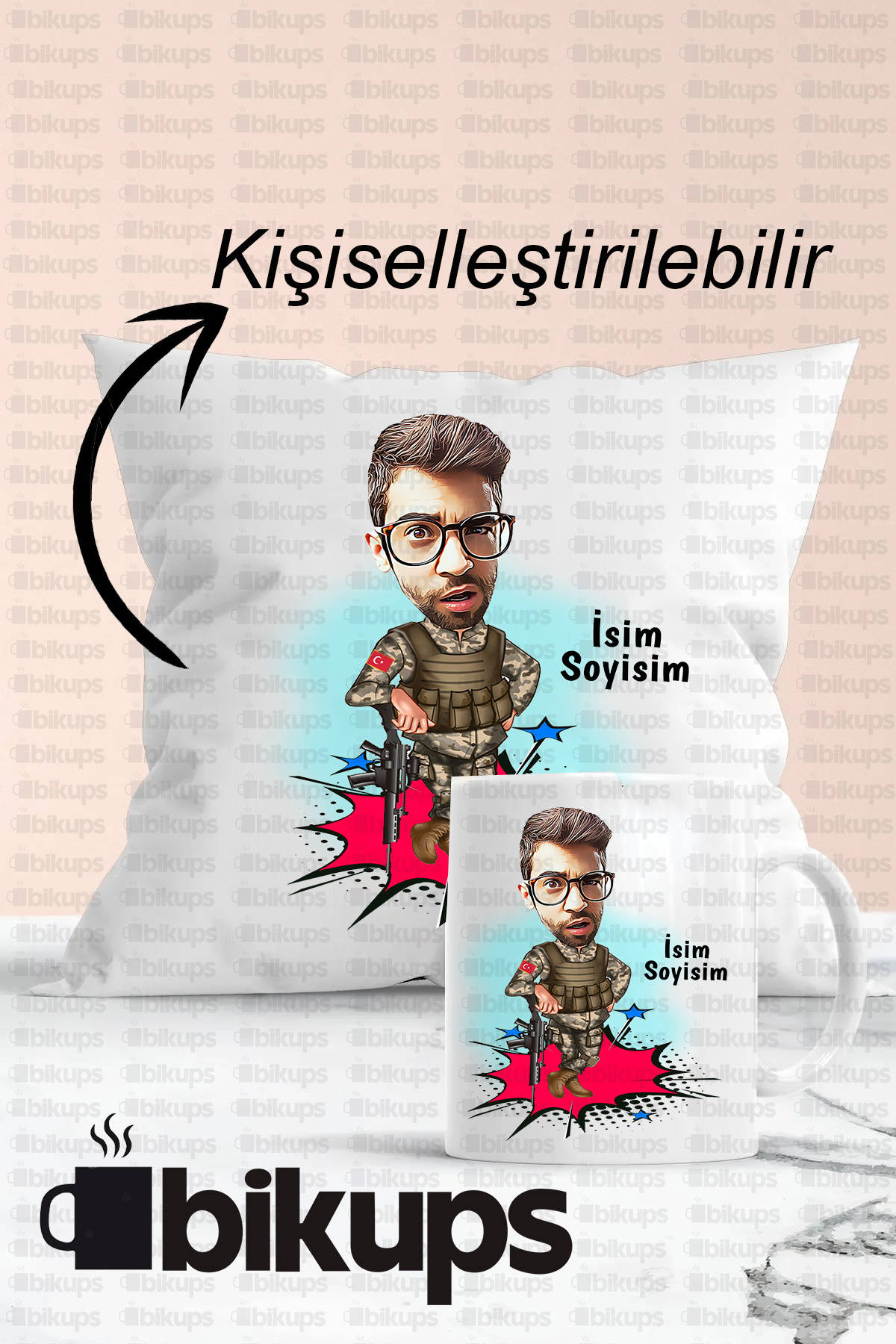 Askerlere Özel Baskılı Karikatür Kupa Bardak ve Yastık Seti