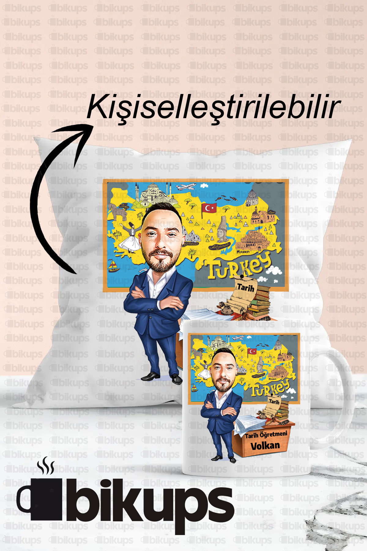 Tarih Öğretmenlerine Özel Baskılı Karikatür Kupa Bardak ve Yastık Seti