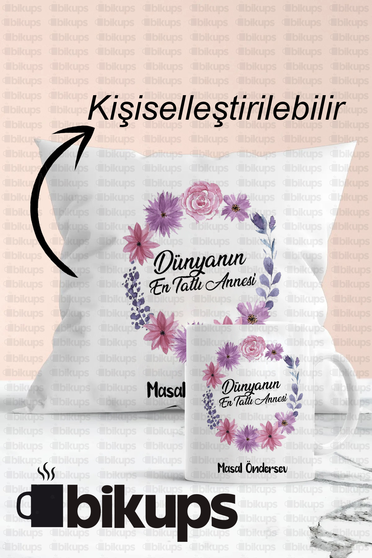 Annelere Özel İsimli  Kupa Bardak ve Yastık Seti