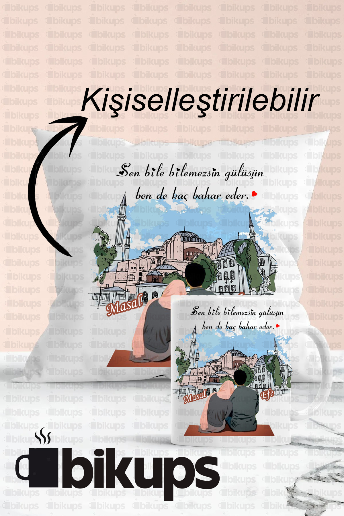 Çiftlere Özel İsim Baskılı Kupa Bardak ve Yastık Seti