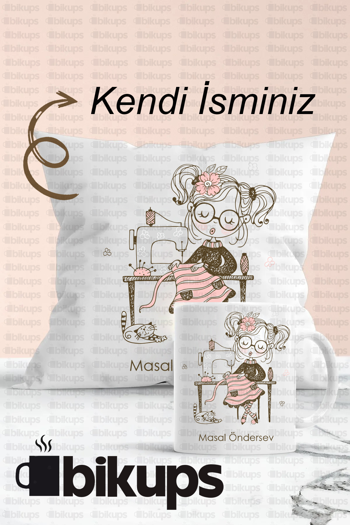 Terzilere Özel İsim Baskılı Kupa Bardak ve Yastık Seti