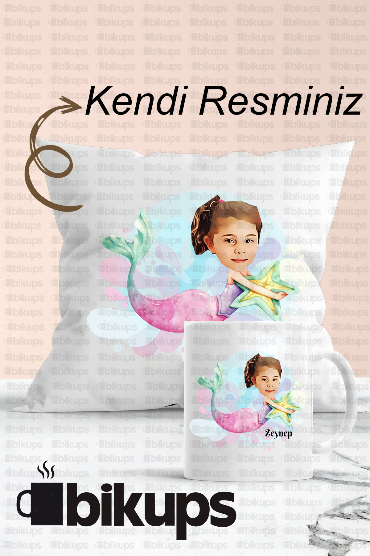 Kız Çocuklarına Özel karikatür Baskılı Kupa Bardak ve Yastık Seti