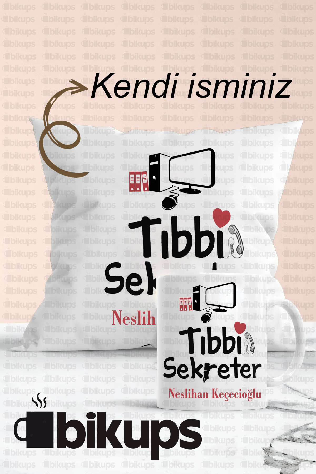 Tıbbi Sekreterlere Özel İsim Baskılı Kupa Bardak ve Yastık Seti