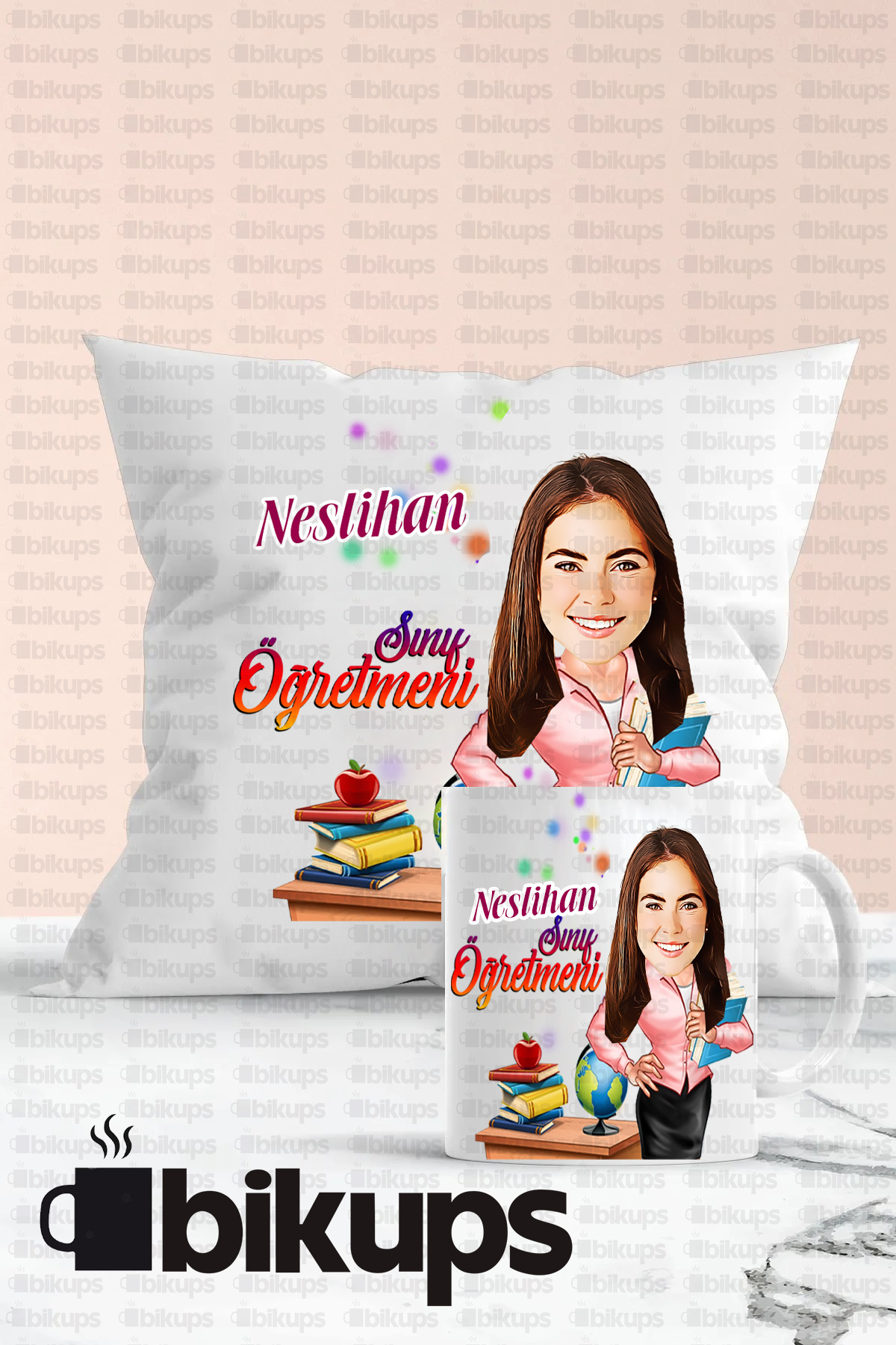 Sınıf Öğretmenlerine Özel Baskılı Karikatür Kupa Bardak ve Yastık Seti