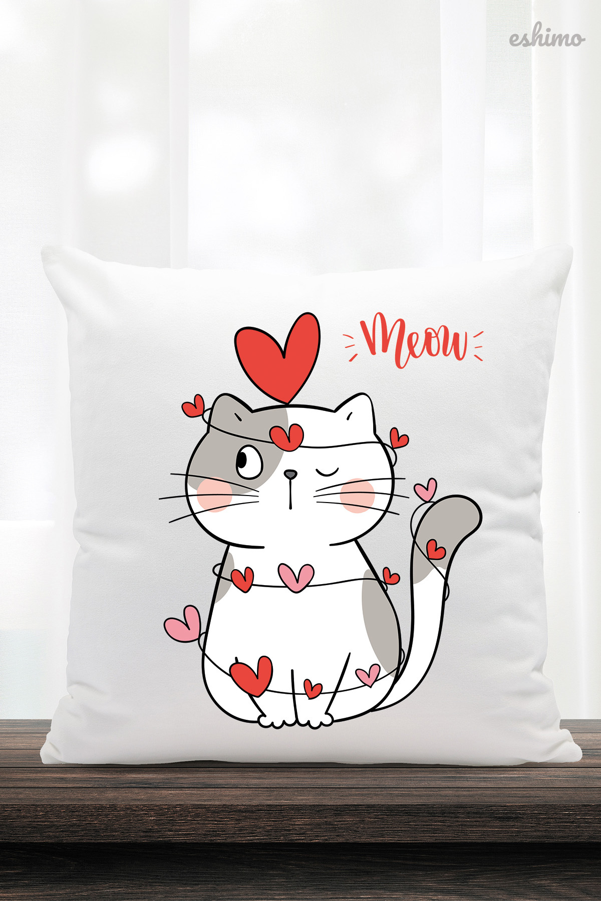 Meow Yazılı Kedi Ve Kalp Figürlü Yastık