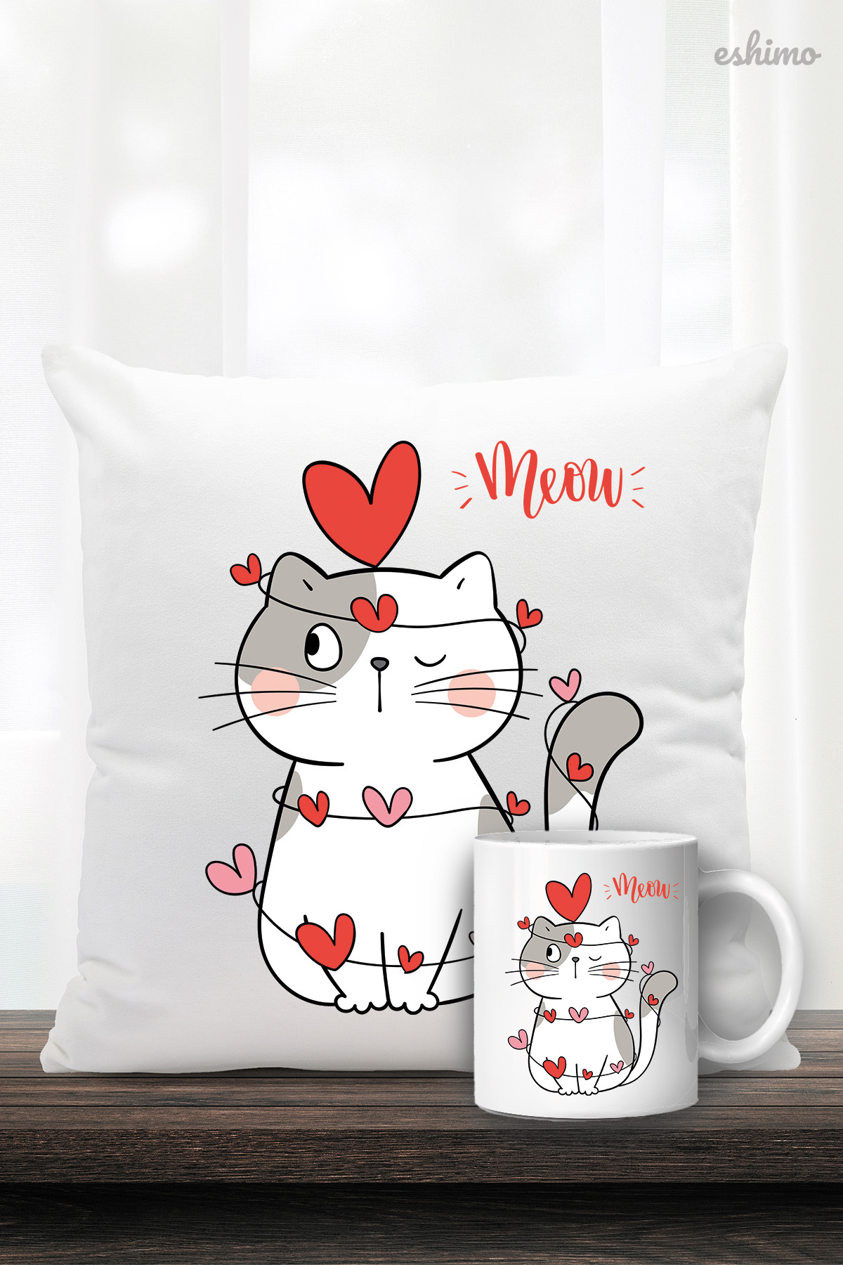 Meow Yazılı Kedi Figürlü Yastık Ve Kupa Bardak Hediye Seti