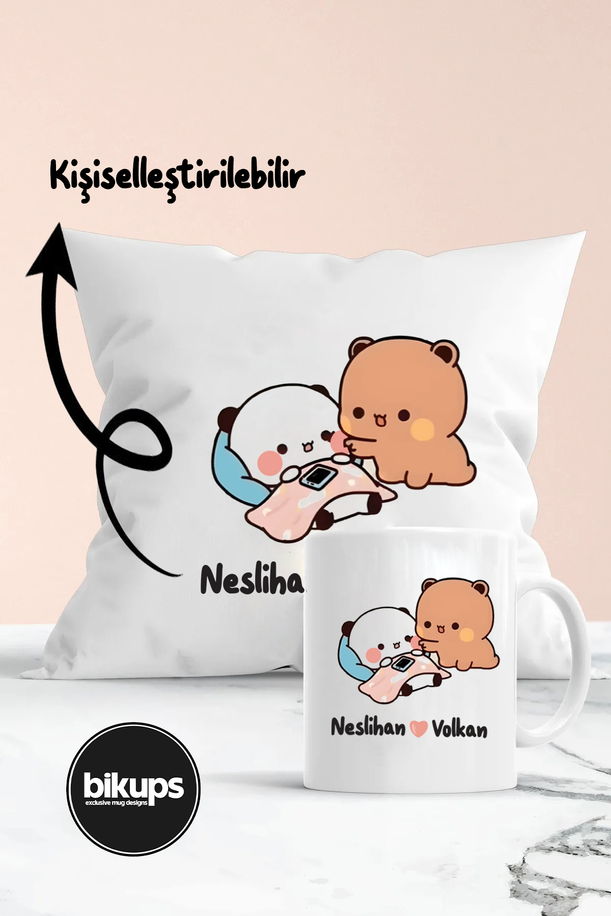 Çiftlere Özel Sevimli İsimli Kupa ve Yastık Seti