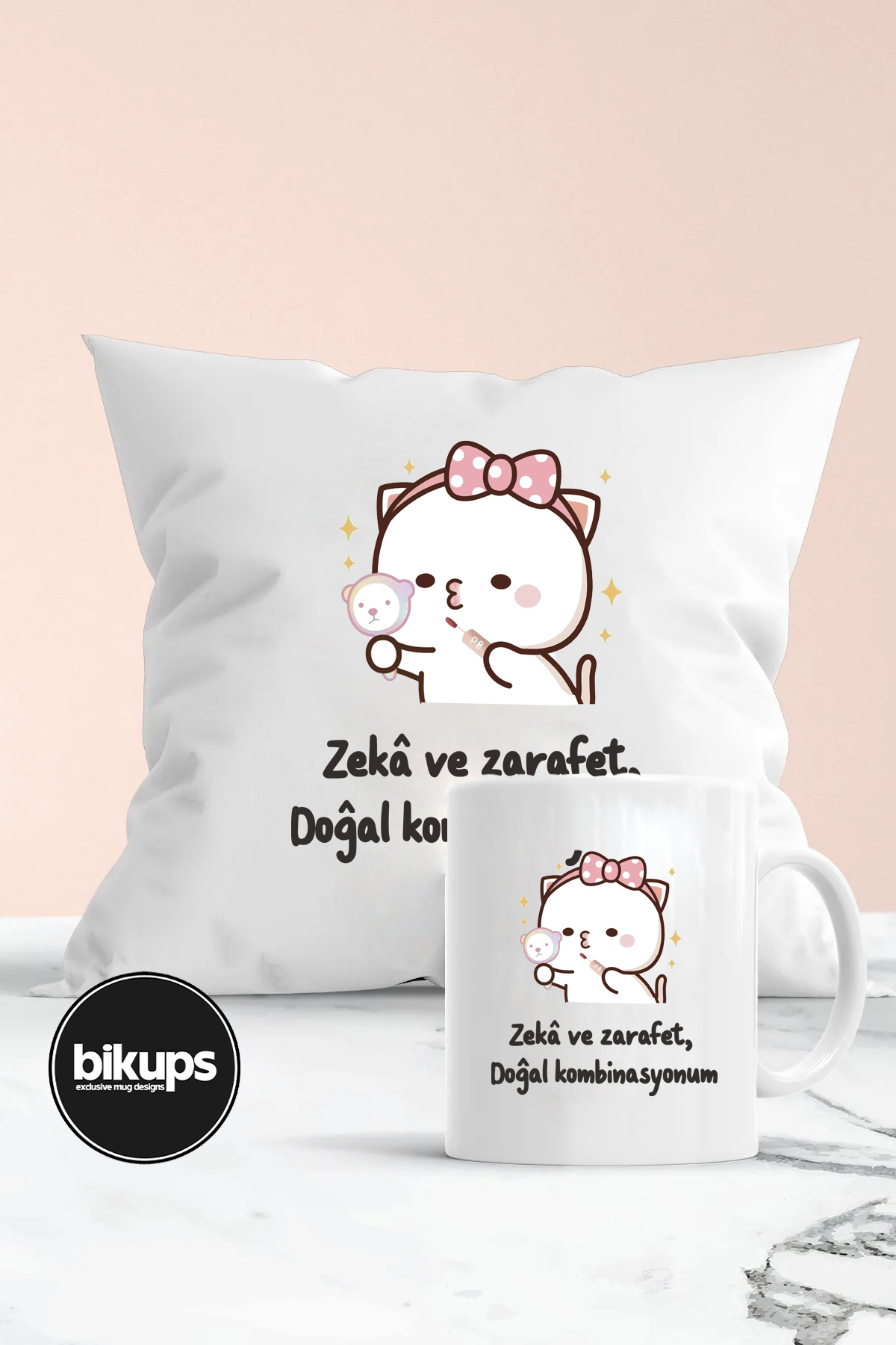 Zeka ve Zarafet Doğal Kombinasyonum Baskılı Hediyelik Yastık Ve Kupa Seti